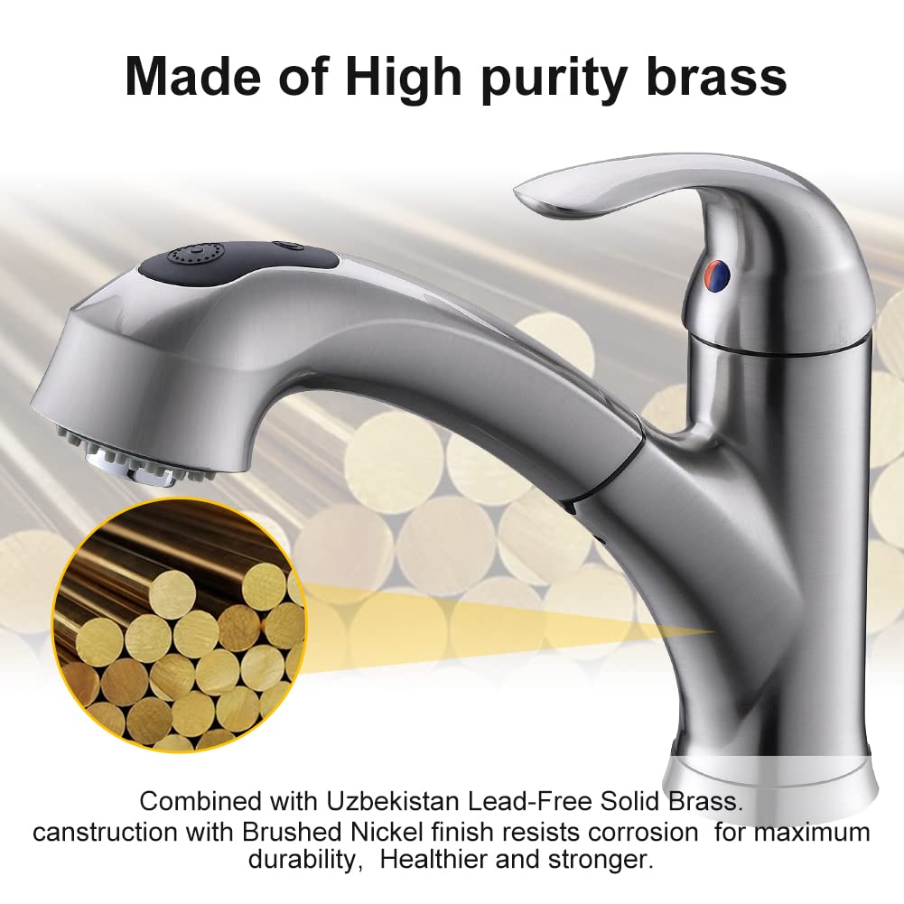Bravebar Kitchen Faucet With Sprayer, Brushed Nickel Sink Pull Out Single Handle 1 Hole Solid Brass Commercial Rv 2 Modes & 150 Rotation & No Lead