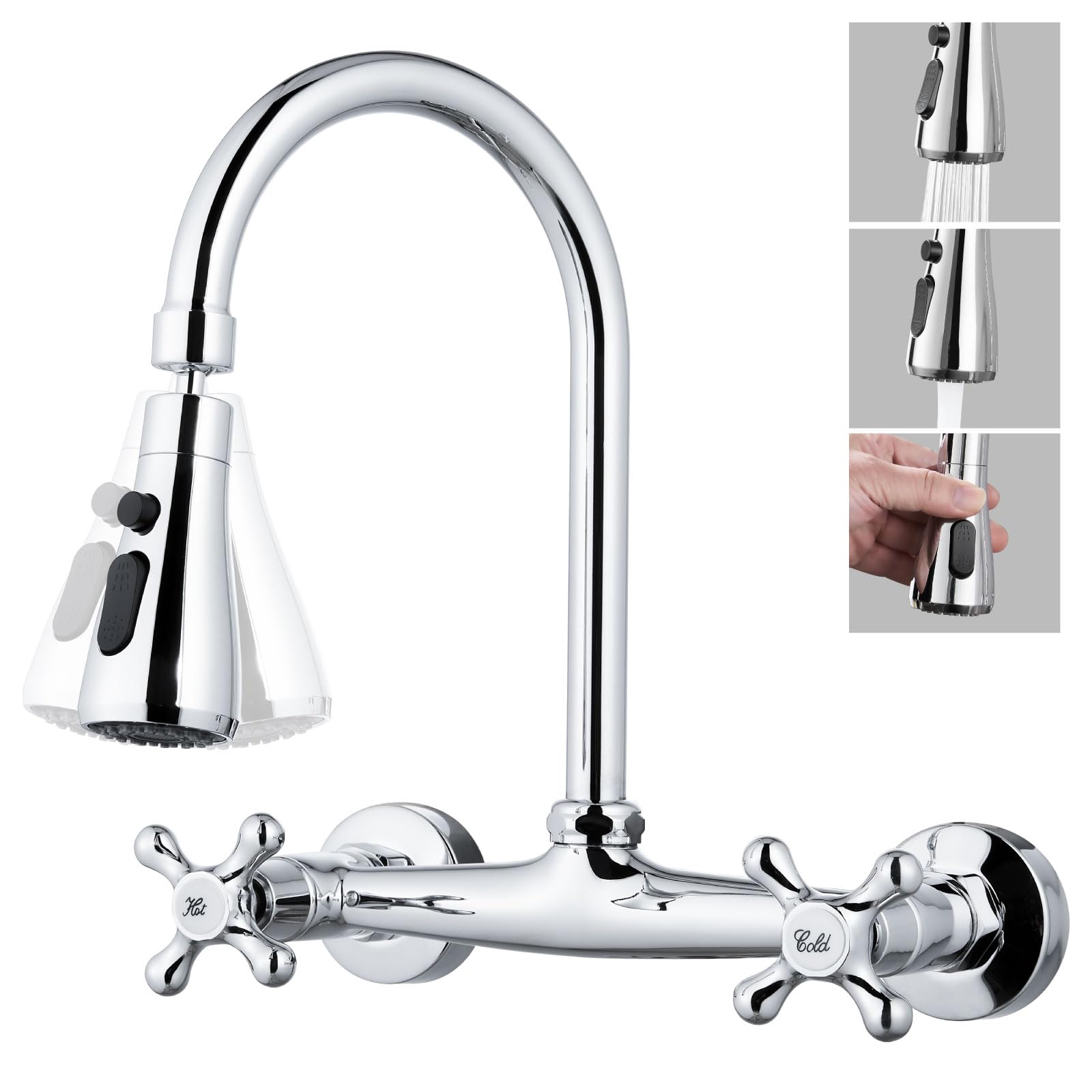 Airuida Wall Mounted Kitchen Faucet 8 Inch Center With 3 Functions Sprayer 360 Degree Swiveldouble Cross Handles Kitchen Faucets Restaurant Utility Laundry Commercial Mixer Tap Chrome Polish