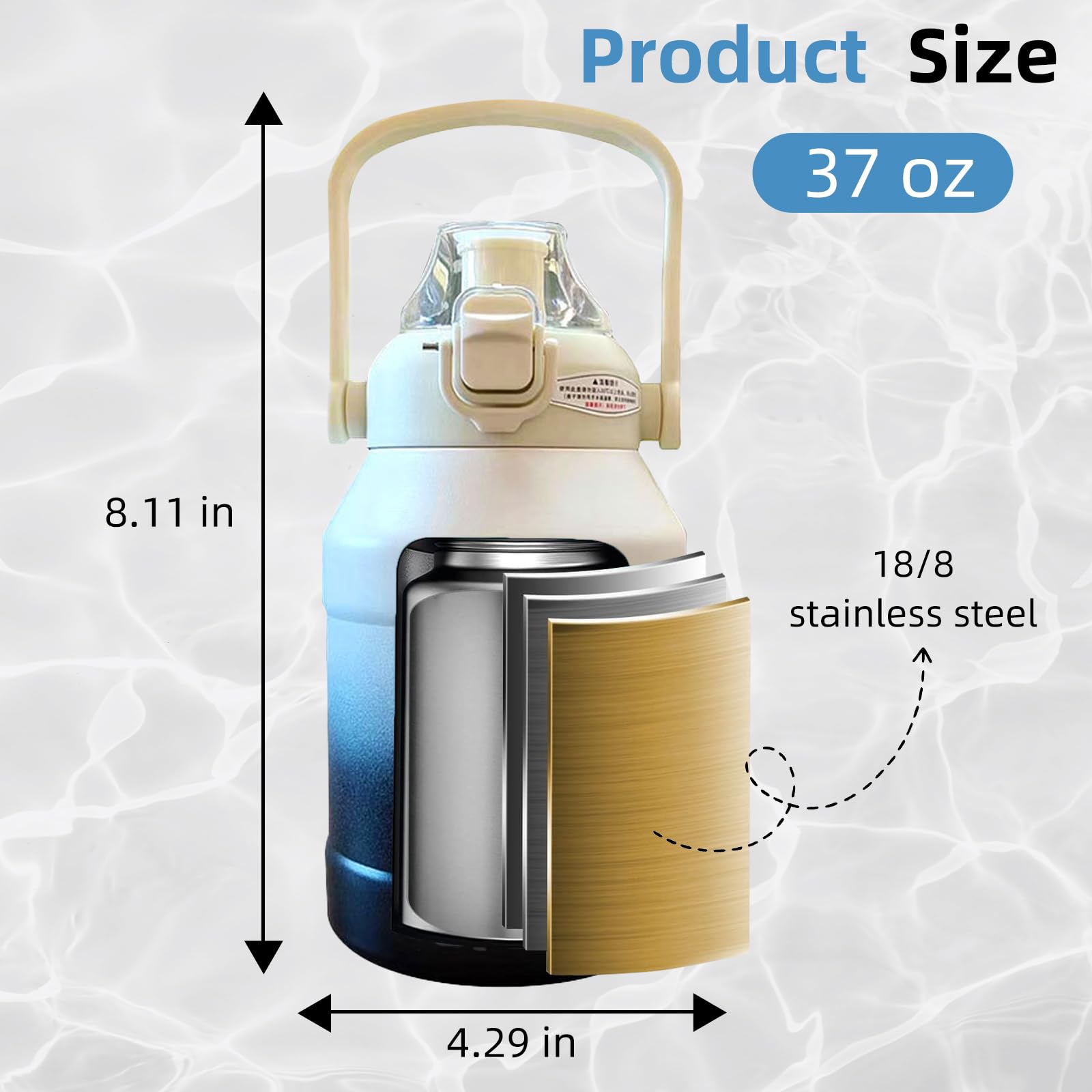 37Oz Insulation Stainless Steel Water Bottle, Leakproof Travel Thermo Mug