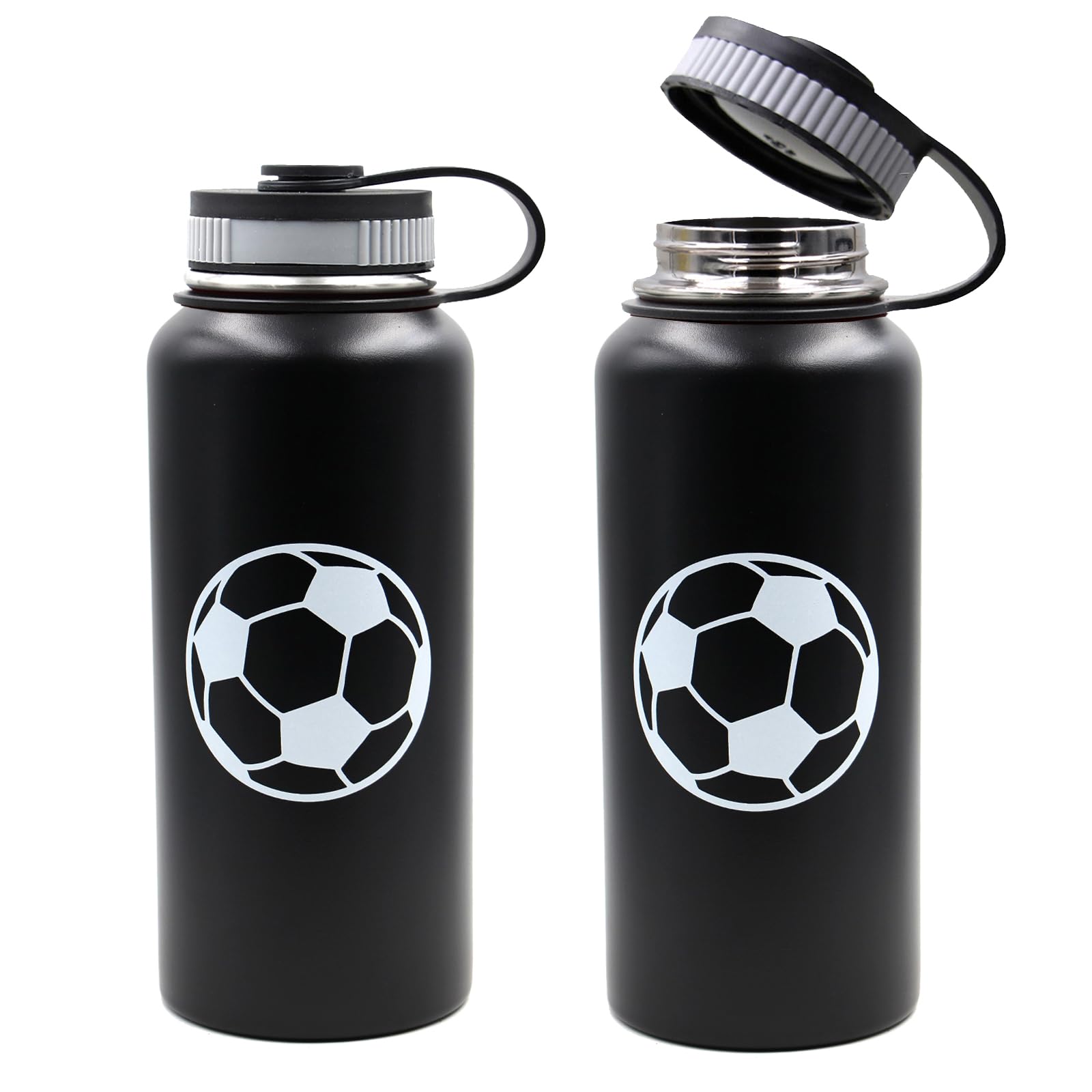 32Oz Soccer Water Bottle, Wide Mouth Sports Flask With 2 Lids Straw Lid And Flex Cap