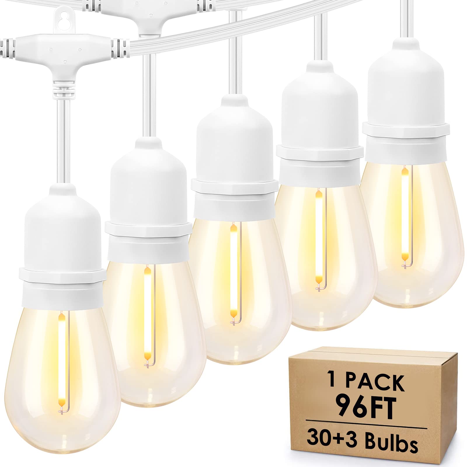 Mlambert White Cord 96Ft Outdoor String Lights With 30+3 Led Plastic Bulbs, Dimmable Waterproof Shatterproof Linkable Patio Light For Pergola Backyard