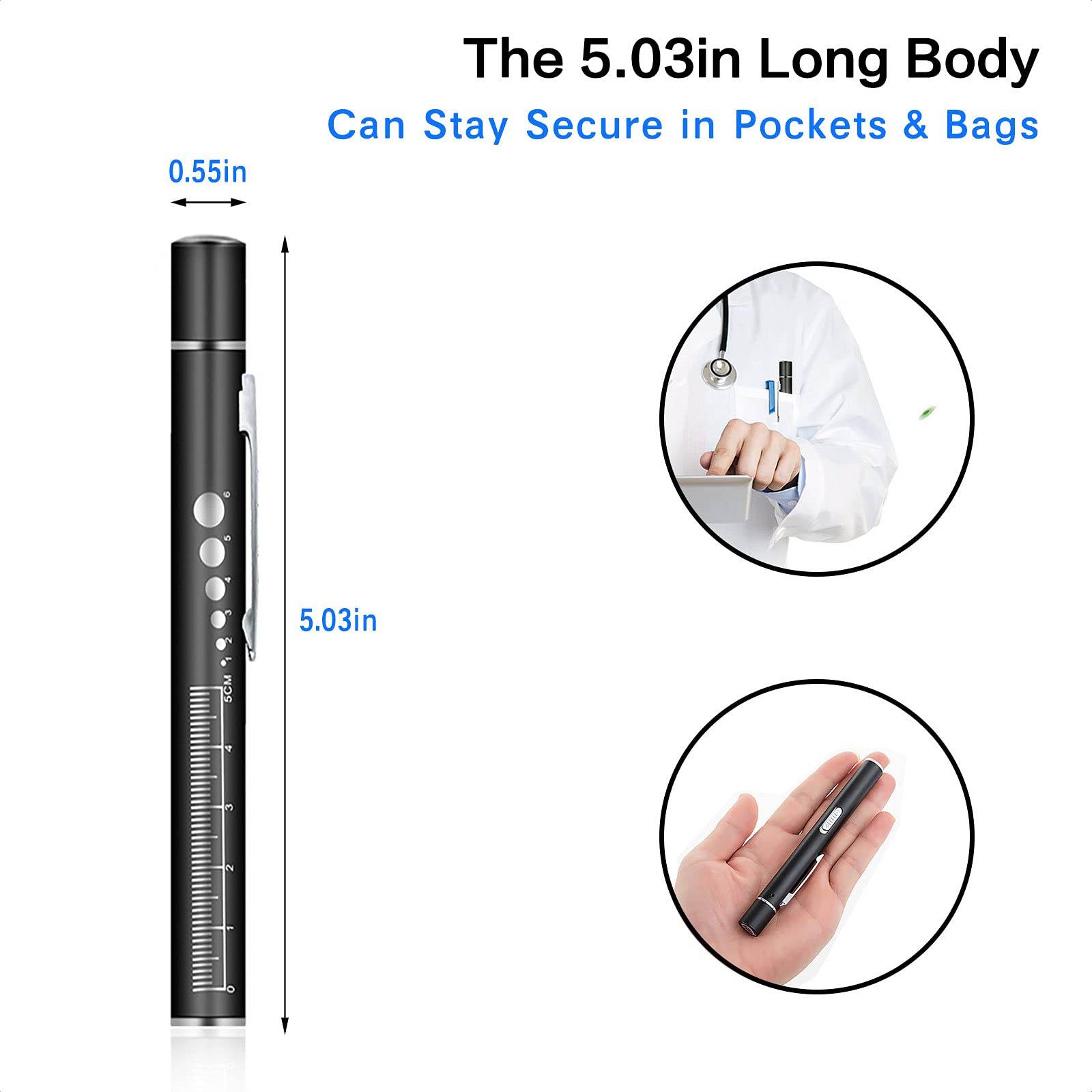 Aleoed Usb Rechargeable Pen Light Black Reusable Led For Students Doctors Nurses With 2 Led Sources, Extra Warm Light Bulb, Pocket Clip