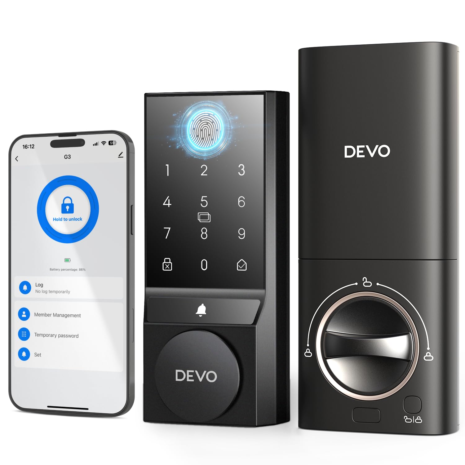 Devo G3 Door Lock For Front Door, 6 In 1 Fingerprint Keyless Entry Door Lock, Built-In Wi-Fi Smart Lock Deadbolt With App Remote Control, Easy Install No Hub, Ip54 Waterproof, Auto-Lock