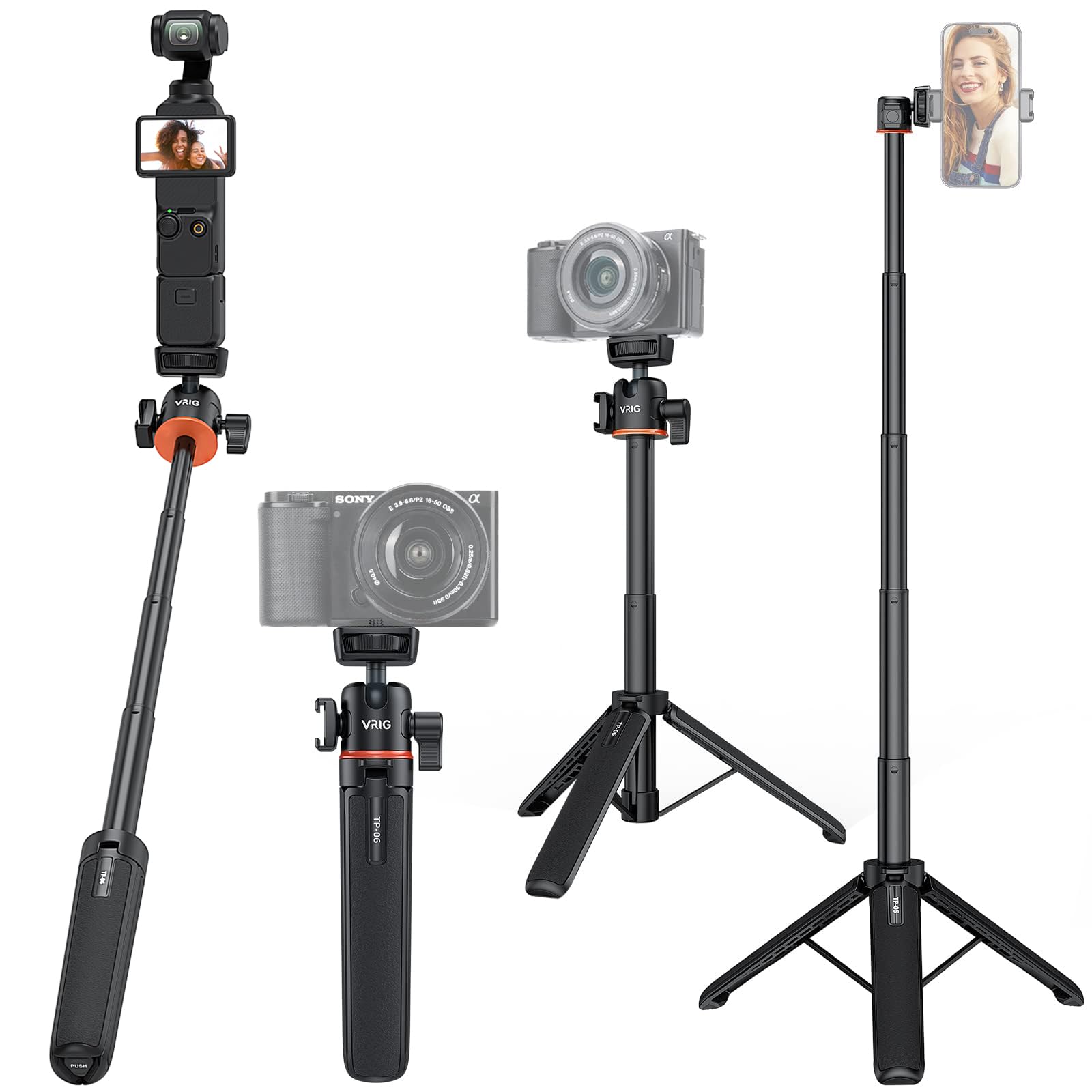 Vrig Select Uurig 21.6" Extension Pole Tripod, Mini Selfie Stick Tripod Stand Handle Grip For Dji Osmo Pocket 3 Webcam Canon G7X Mark Iii Sony Zv-1 Rx100 Vii A6400 A6600 Cameras Vlogging