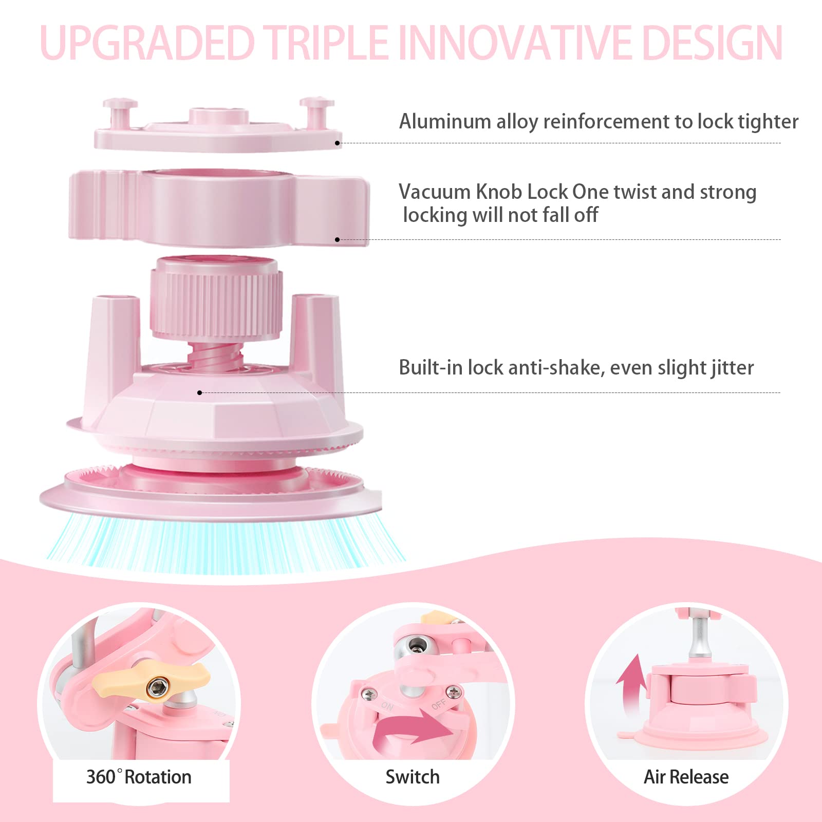 Rednow Suction Cup Phone Mount 360 Rotating Universal Ball Head Arm For Car Dashboard Windshield Vehicle Sunroof (1PcPink)