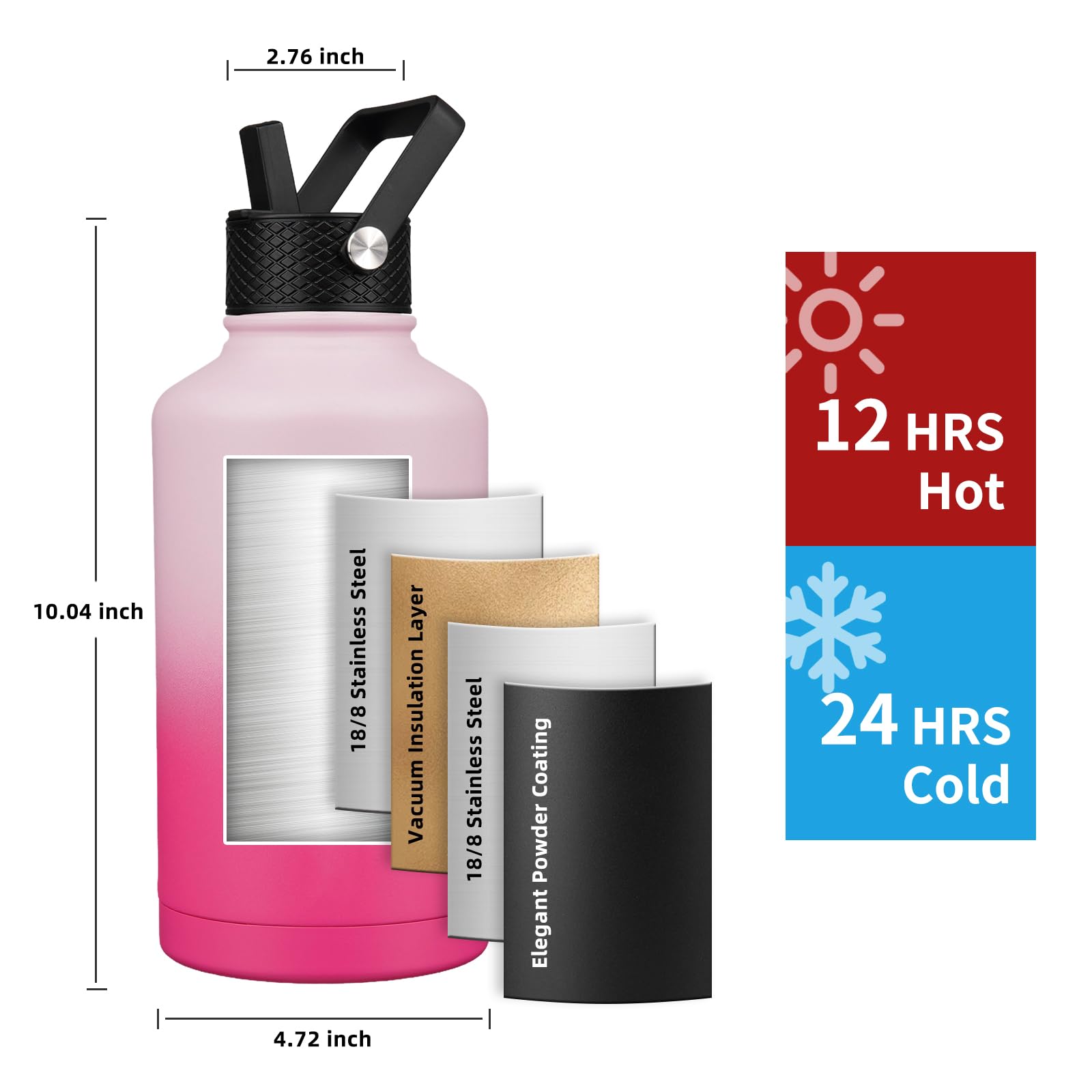 Insulated Water Bottle 64Oz,Triple Wall Vacuum Stainless Steel(Dishwasher Safe),Leak Proof & Non-Bp