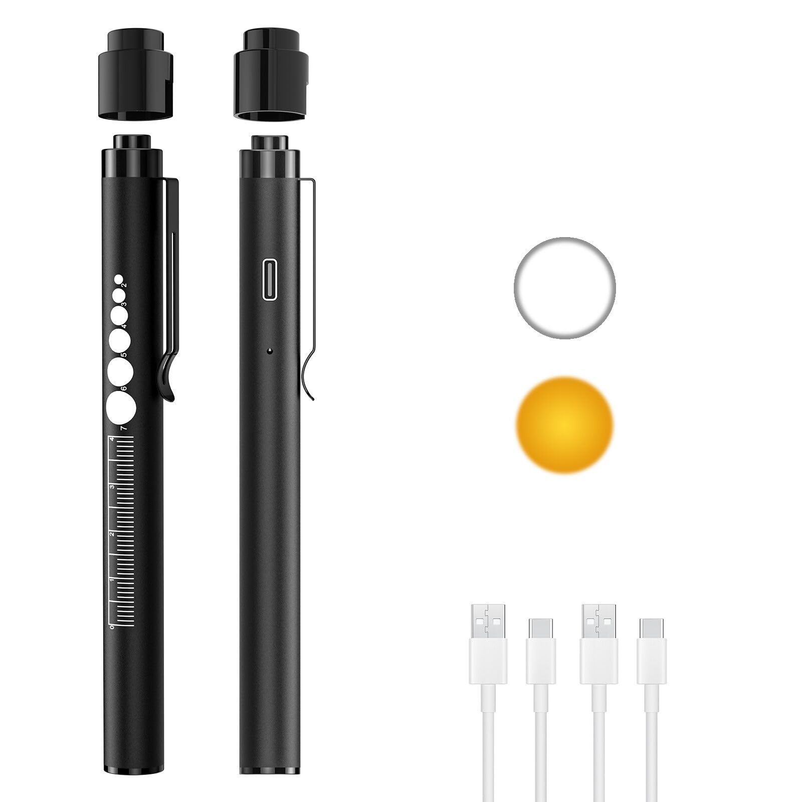 Cosoos 2 Rechargeable Pen Lights With Pupil Gauge & Ruler, Mini Led Penlights For Nurses Doctor, Warm/White Light With Clip, Usb-C Rechargeable Penlight Flashlight  For Nursing Student