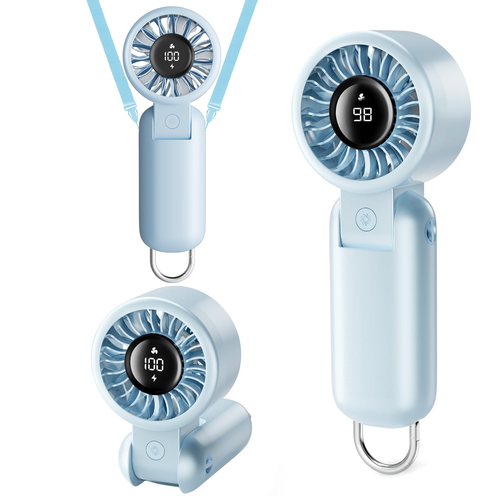 Handheld Fan - Portable Hand Held Turbo Fan With Led Display, 5 Speeds, Neck Lanyard, Usb - Koospark