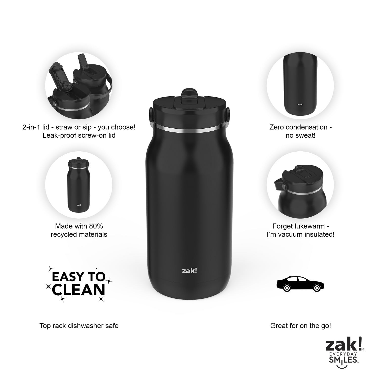 Zak Designs Harmony 2-In-1 Water Bottle For Travel Or At Home, 64Oz Recycled Stainless Steel