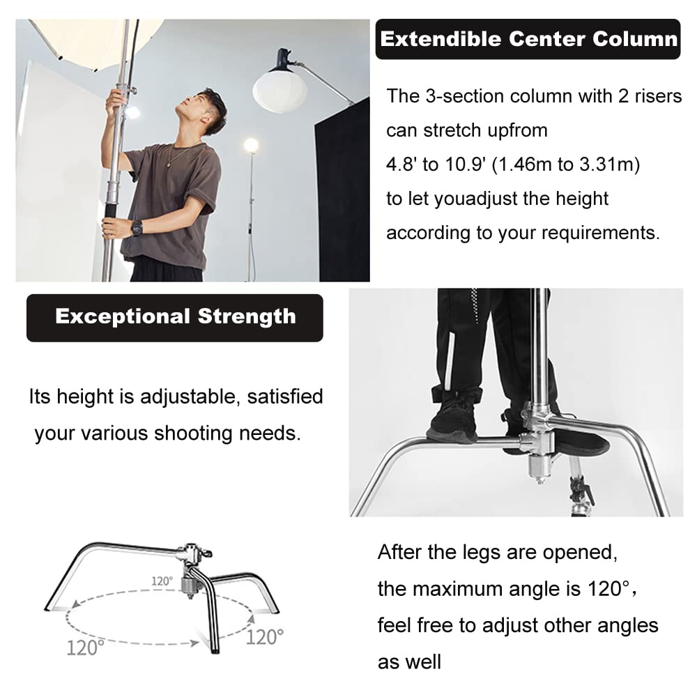 Soonpho Heavy Duty C Stand 10.8Ft/330Cm With Holding Arm Carry Bag Sandbag 3Clip 2Grip Head Stainless Steel Photography Light Stand C-Stand Sturdy For Photography Studio Video Monolight Softbox Shooting