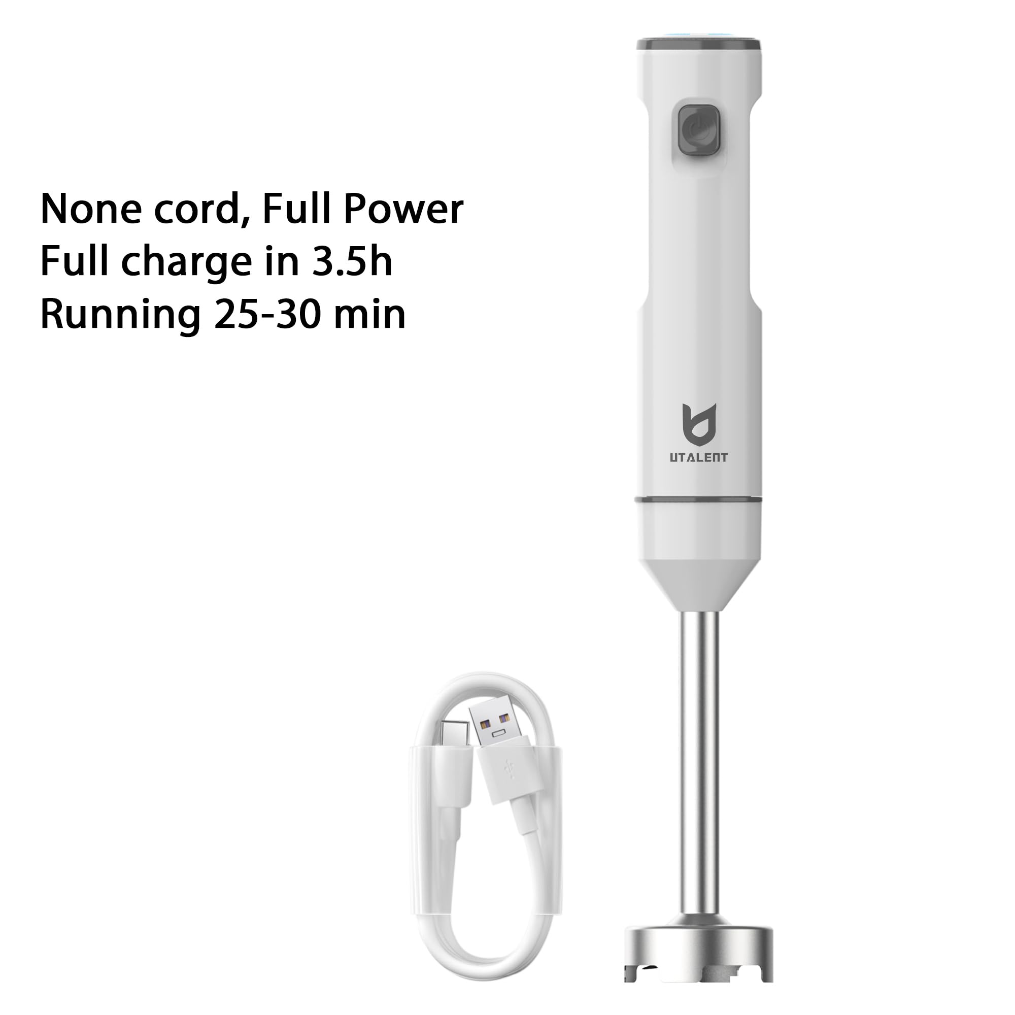 Utalent Cordless Hand Blender, Variable Speed Immersion Blender Rechargeable, With 500Ml Chopper, 600Ml Container, Egg Whisk, For Smoothies, Baby Food And Soups – White