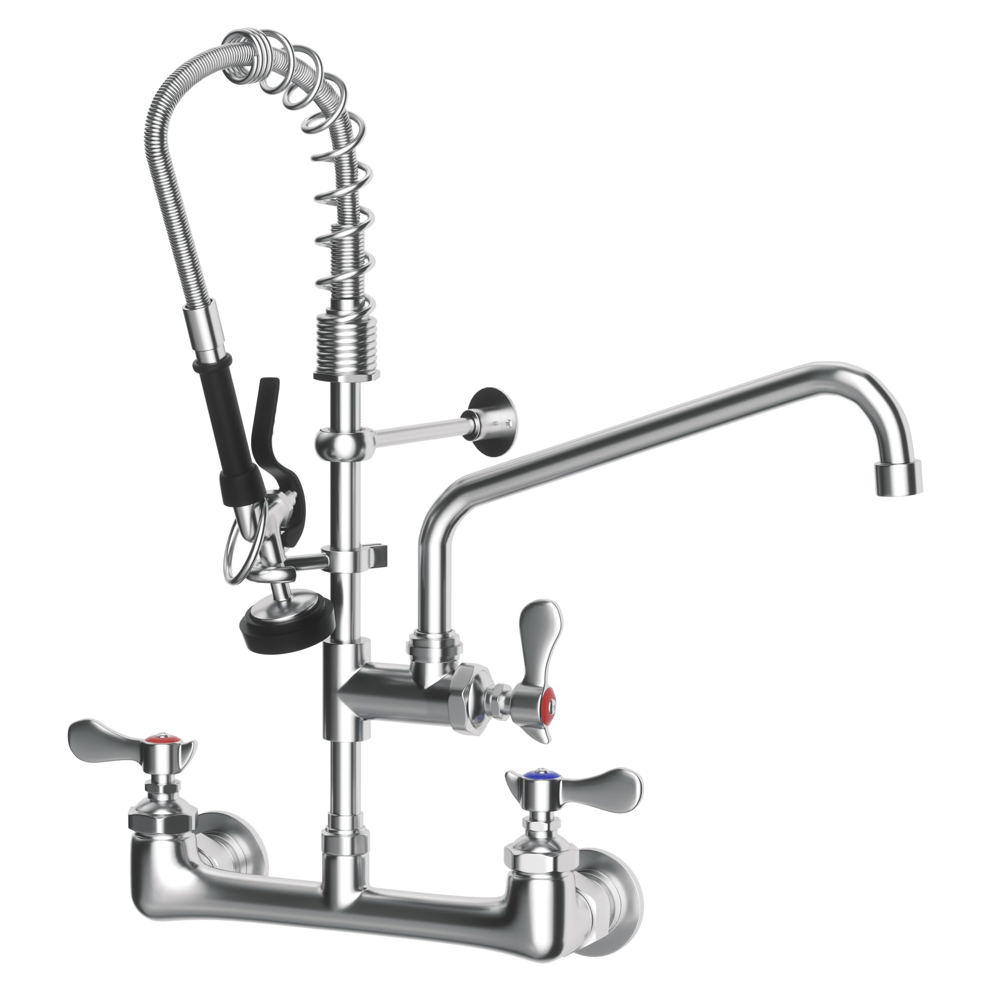 Netisr Commercial Faucet With Sprayer, Brass Chrome Wall Mount Restaurant Kitchen Sink Faucet 25" Height 8" Center With Coilded Spring Pull Down Pre Rinse Sprayer, 12" Spout And 18" Hose (25 Inches)