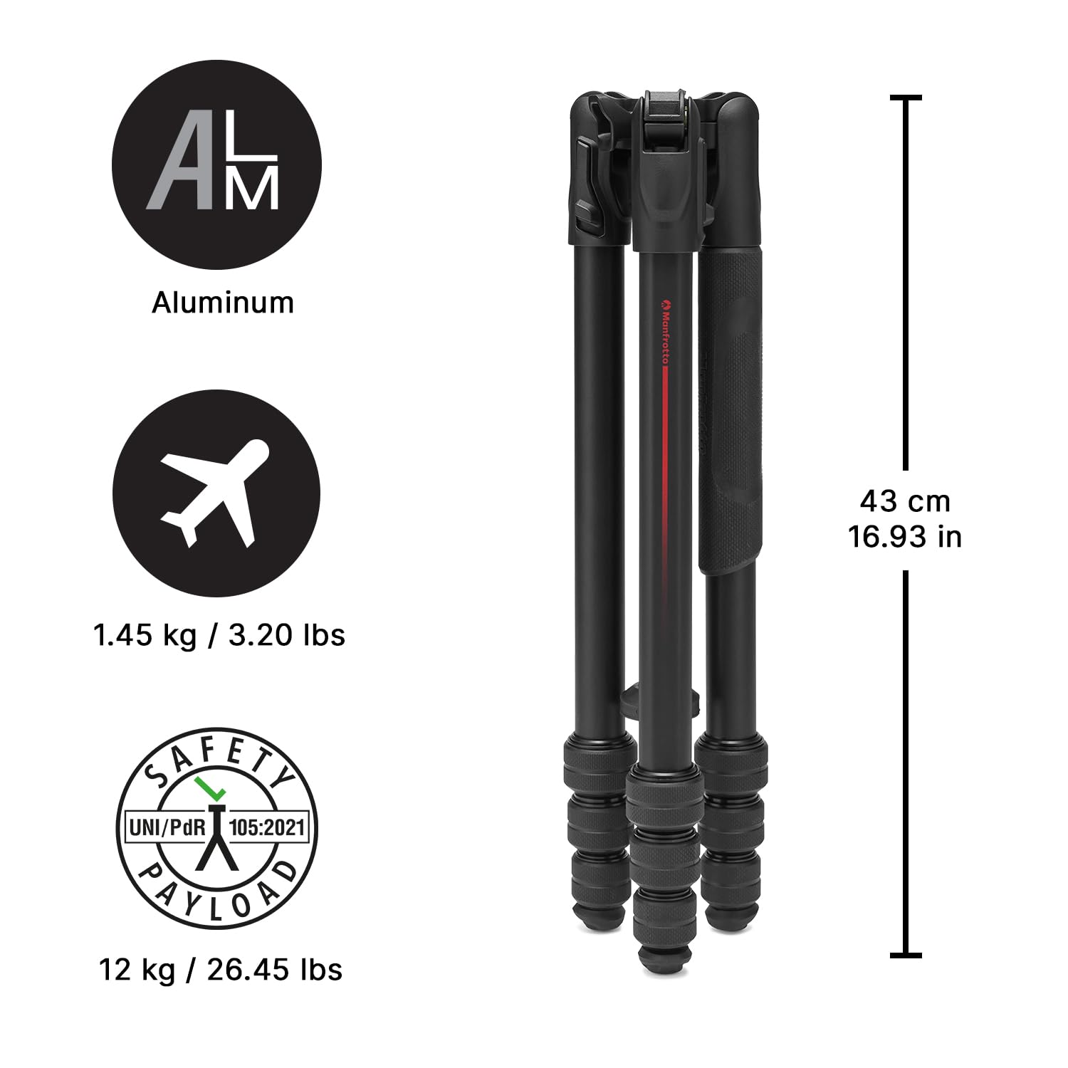 Manfrotto Be Gt Pro 4-Section Aluminum Travel Tripod Legs, Black Matte