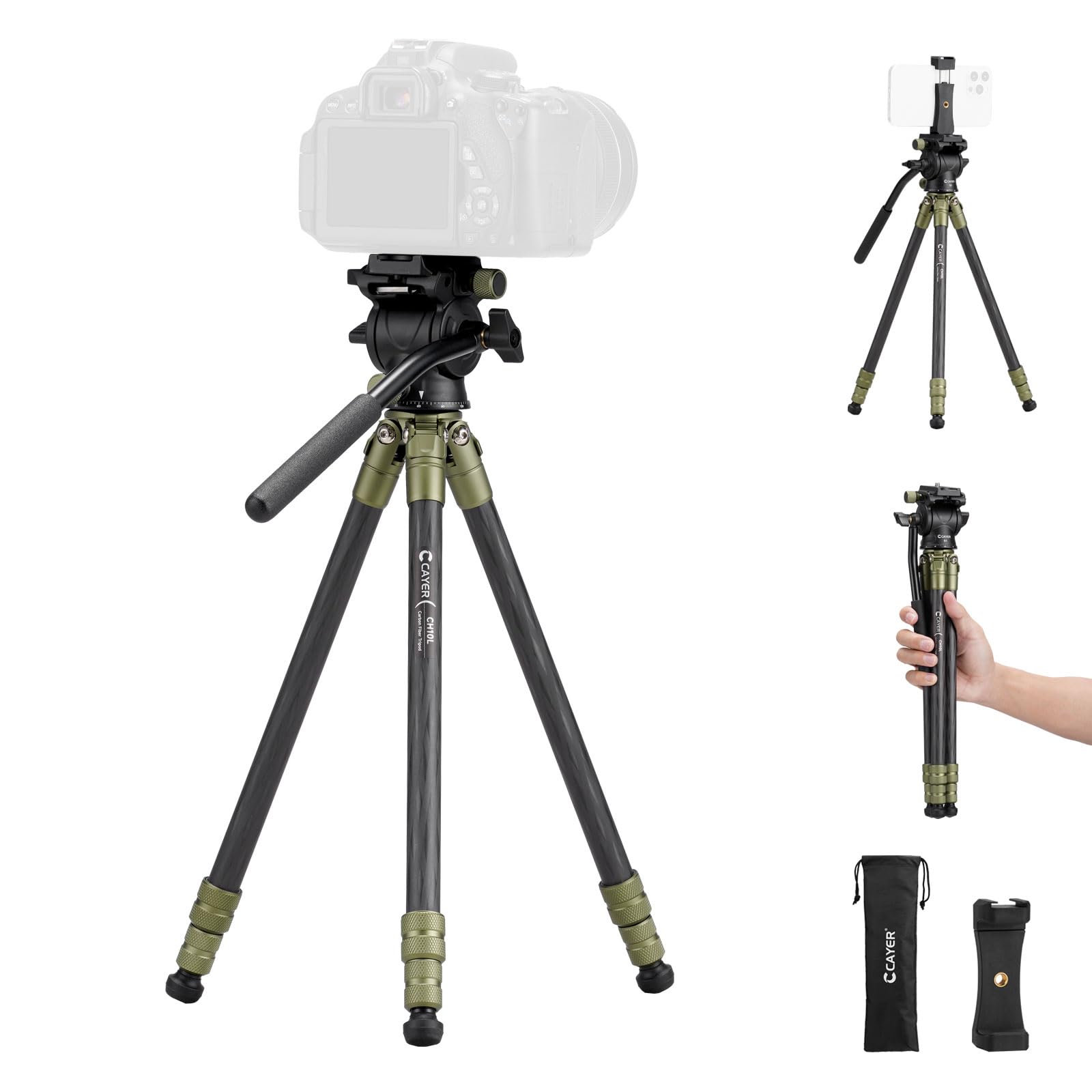 Cayer Ch10L Carbon Fiber Tripod With S1 Mini Fluid Head, 28" Compact Desktop Stand, Tabletop Camera Support With Center Column For Mirrorless Cameras Video Camcorder Mobile Phone Webcam