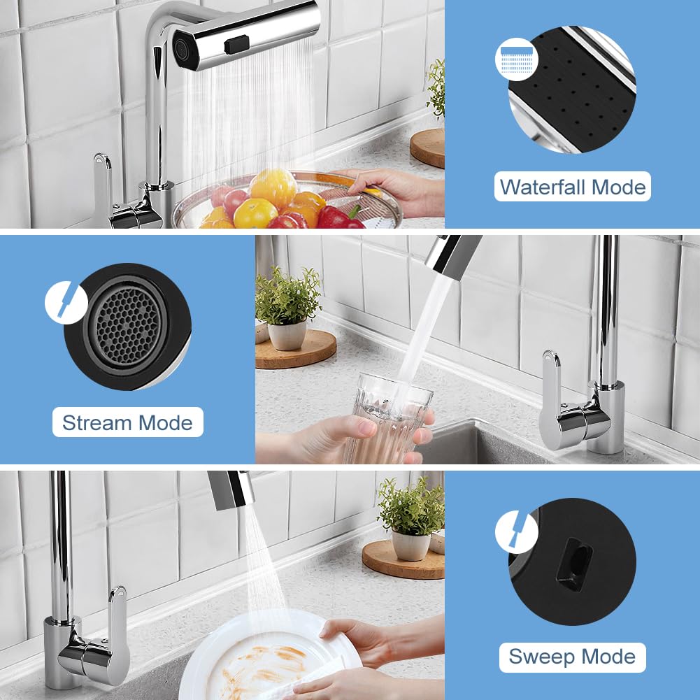 Cocoarm 3 In 1 Function Kitchen Sink Faucet, Stainless Steel 360 Degree Rotation Waterfall Modern Faucet For Kitchen Sink, Bar, Laundry (Silver)