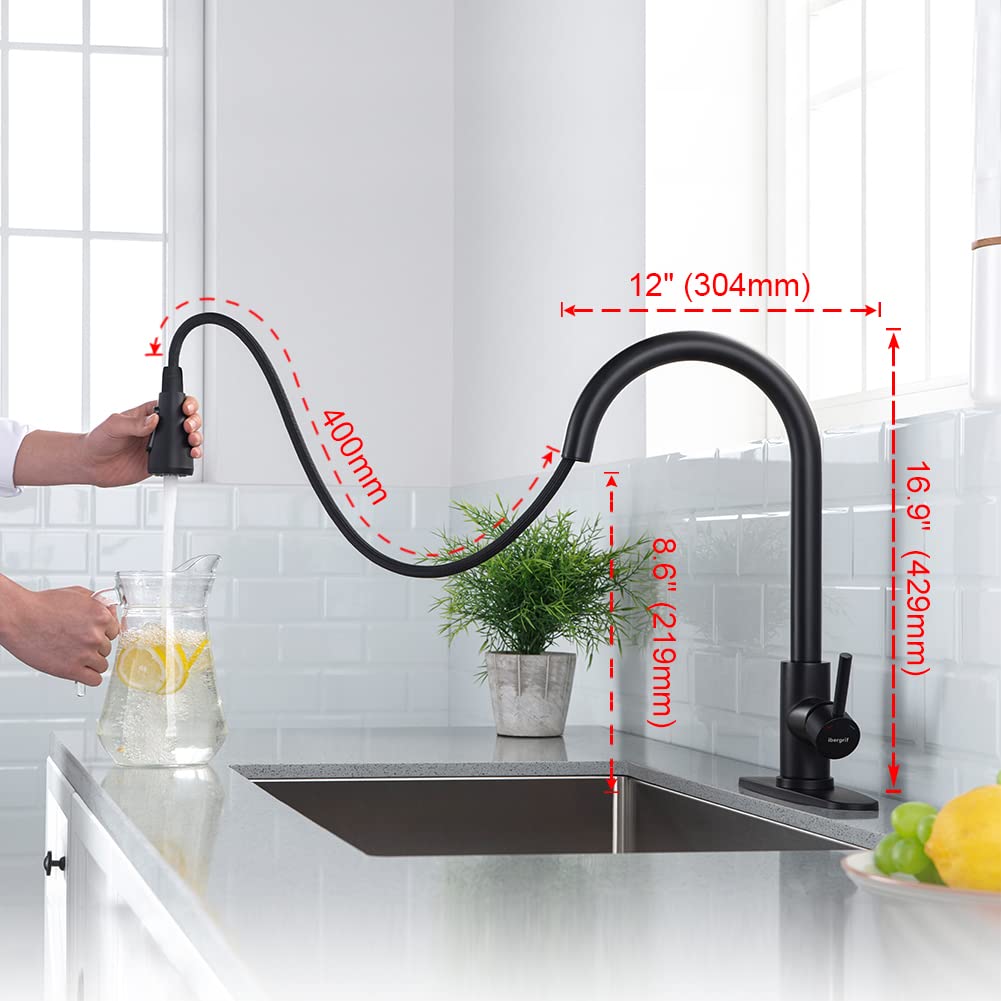 Ibergrif Black Kitchen Faucet With Pull Down Sprayer, Kitchen Sink Faucets 1 Or 3 Hol, High Arc Single Handle Classic 3 Modes, Brushed Nickel Kitchen Faucets For Rv Bar Laundry Farmhouse