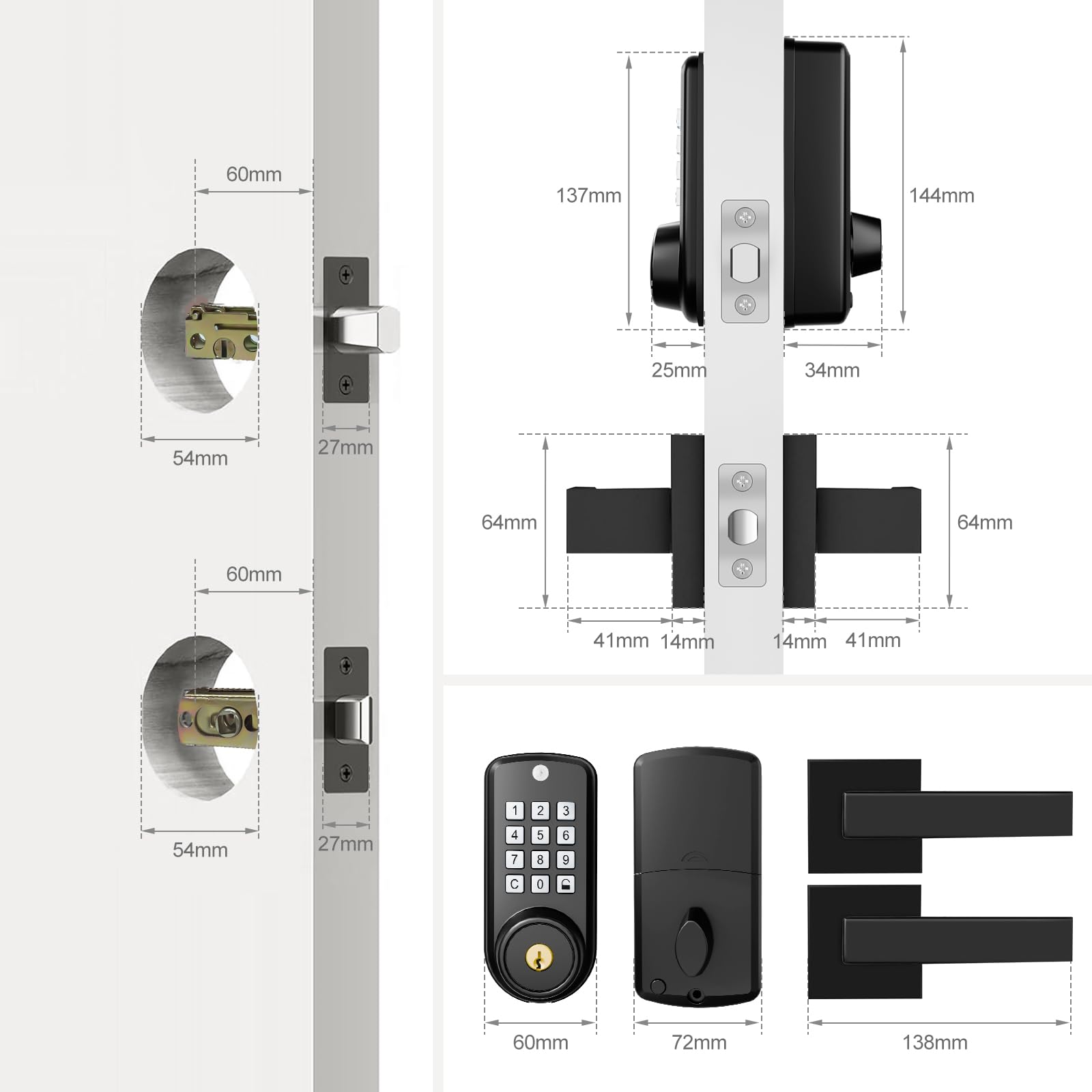 Dinstech Keyless Entry Door Lock With 2 Lever Handles, Electronic Keypad Deadbolt, Auto-Locking, Anti-Peeping Password, Front Door Handle Sets, Easy Installation Design, Matte Black