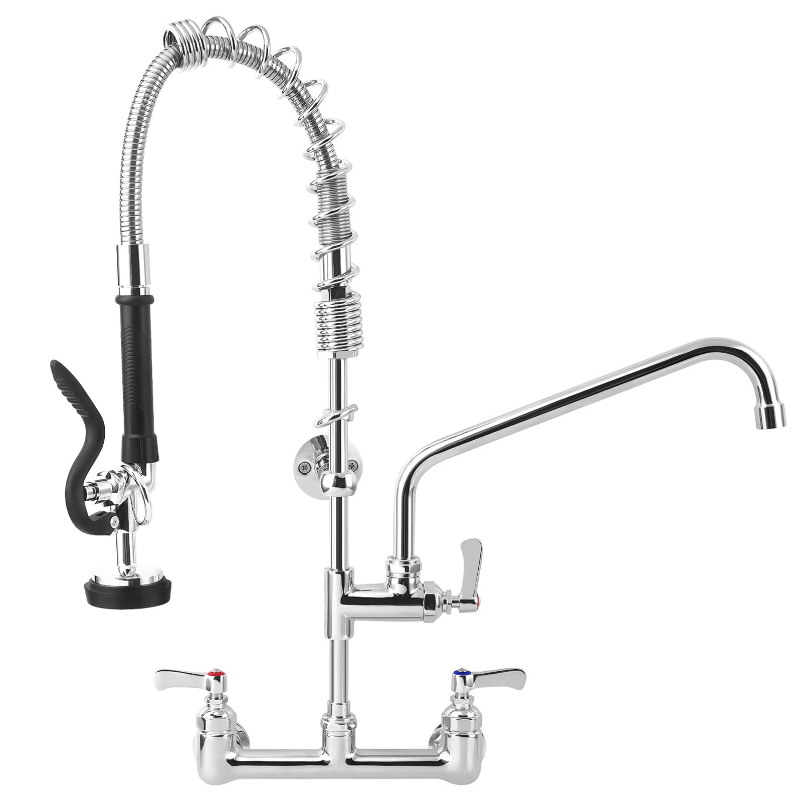 Bzimak 25" Height Commercial Faucet With Sprayer, 8" Adjustable Center & 12" Add-On Swing Spout, Wall Mount Pre Rinse Faucet For Restaurant Kitchen (Chrome)