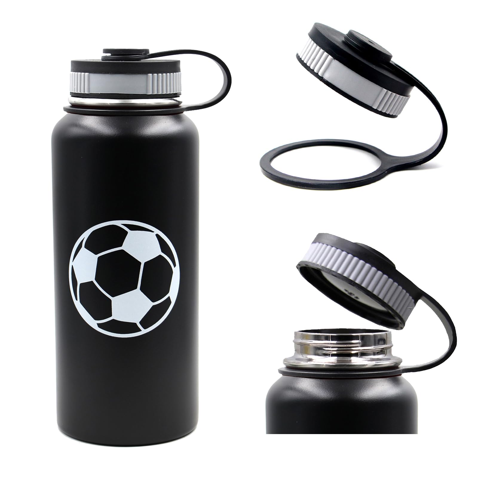 32Oz Soccer Water Bottle, Wide Mouth Sports Flask With 2 Lids Straw Lid And Flex Cap