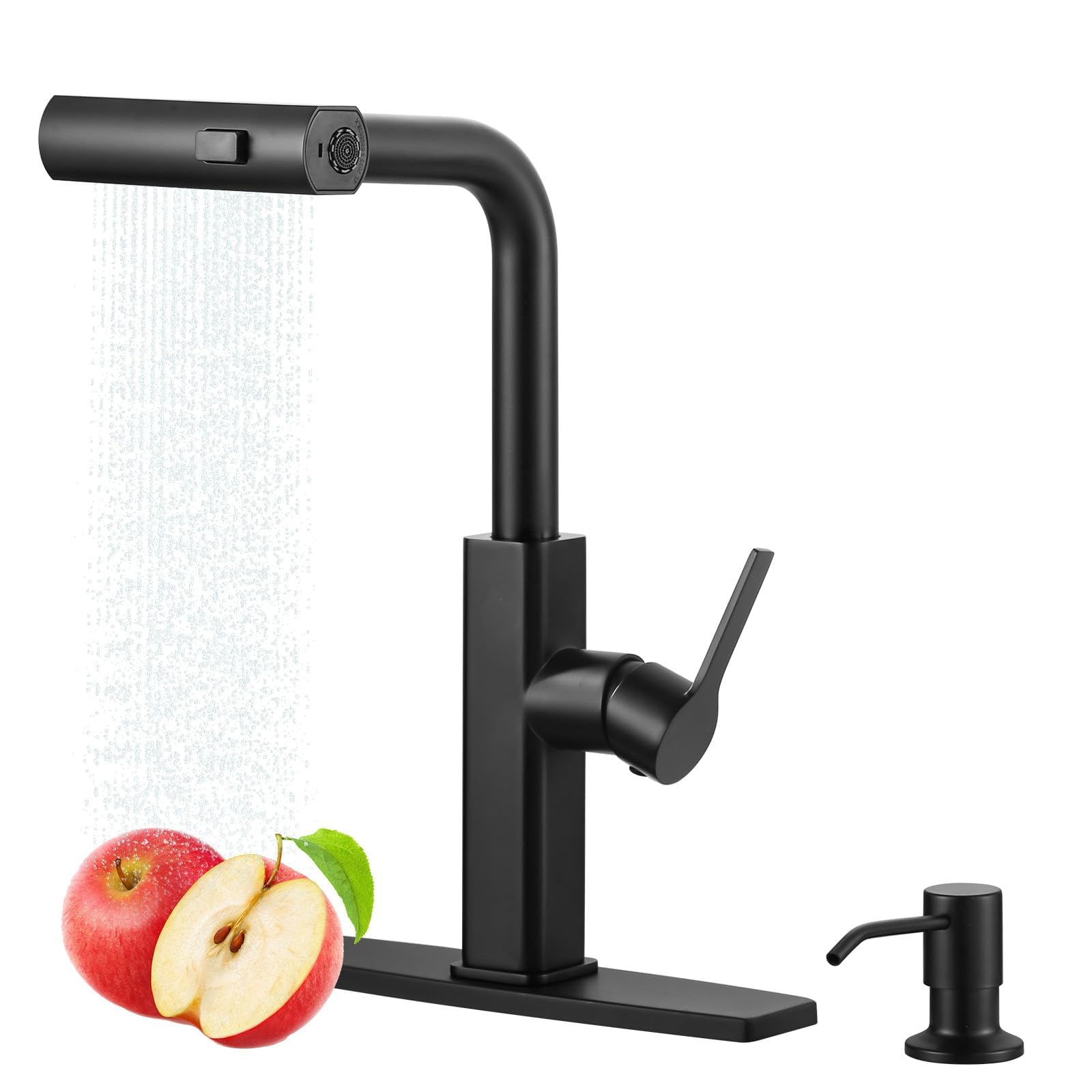 Aleasha Kitchen Faucet With Pull Down Sprayer: Waterfall Kitchen Faucet With Soap Dispenser, Matte Black Single Hole Sink Faucet For Rv/Bar, Single Handle Brass Pull Out Modern Kitchen Faucets