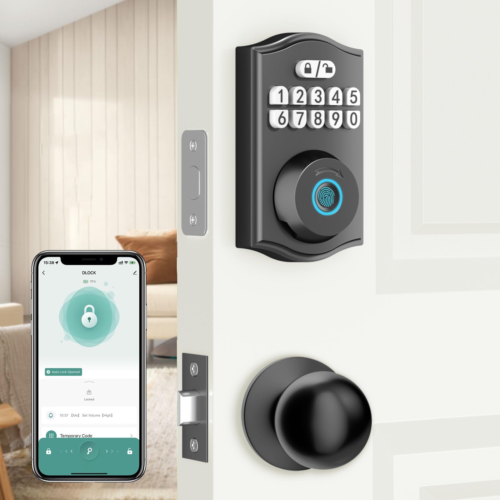 Bafuweiy Fingerprint Door Lock With Door Knobs Set, Keyless Entry Door Lock Deadbolt With Handle, Smart Front Door Lock Set With App Control/Fingerprints/Passwords/Auto-Lock/Easy Installation Black