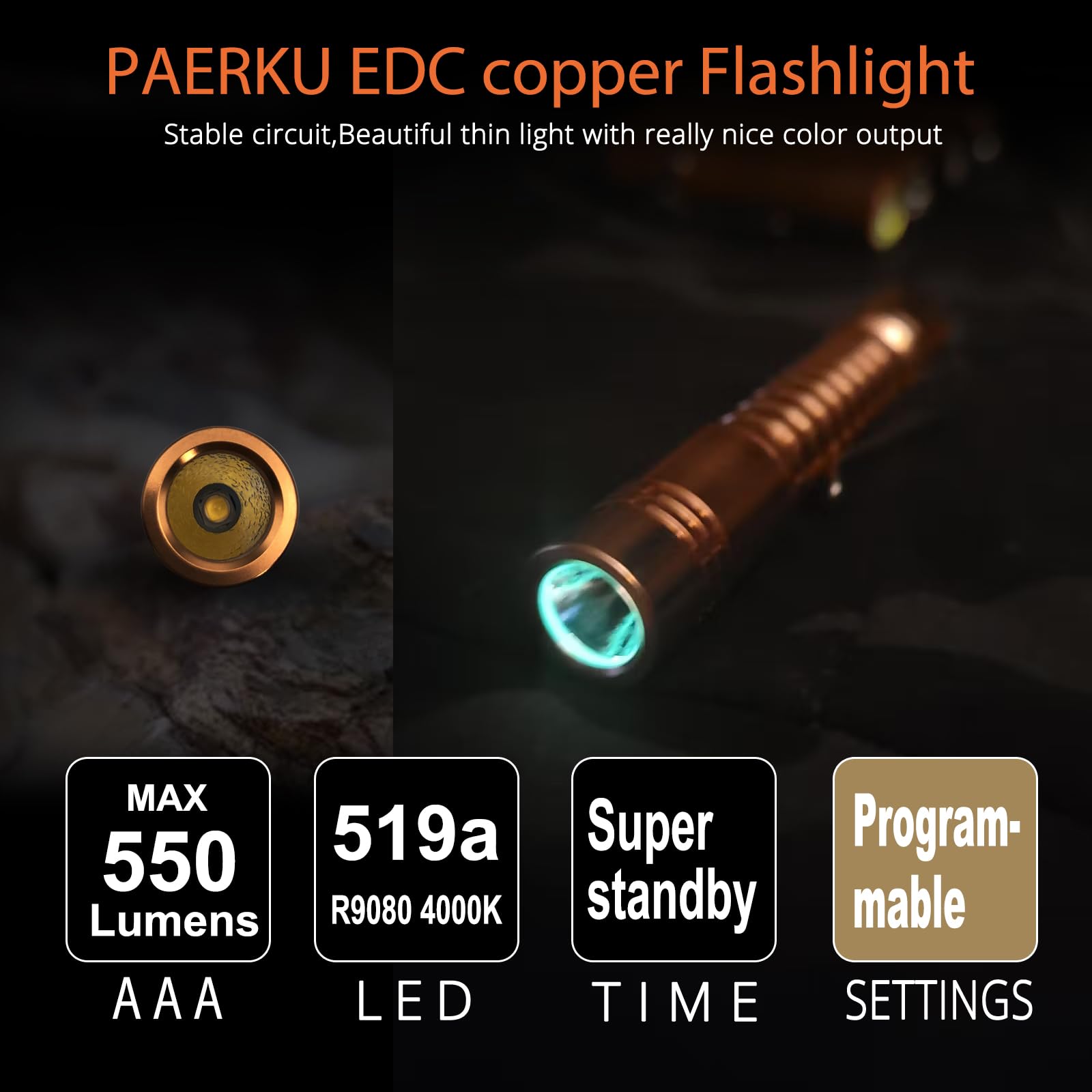 Paerku Pineapple Mini Flashlight,Nichia 519A R9080 4000K Aaa Small Led Copper Flashlight By Reylight For Outdoor, Power Outage Lighting, Emergency Lighting, Without Batteries-Copper