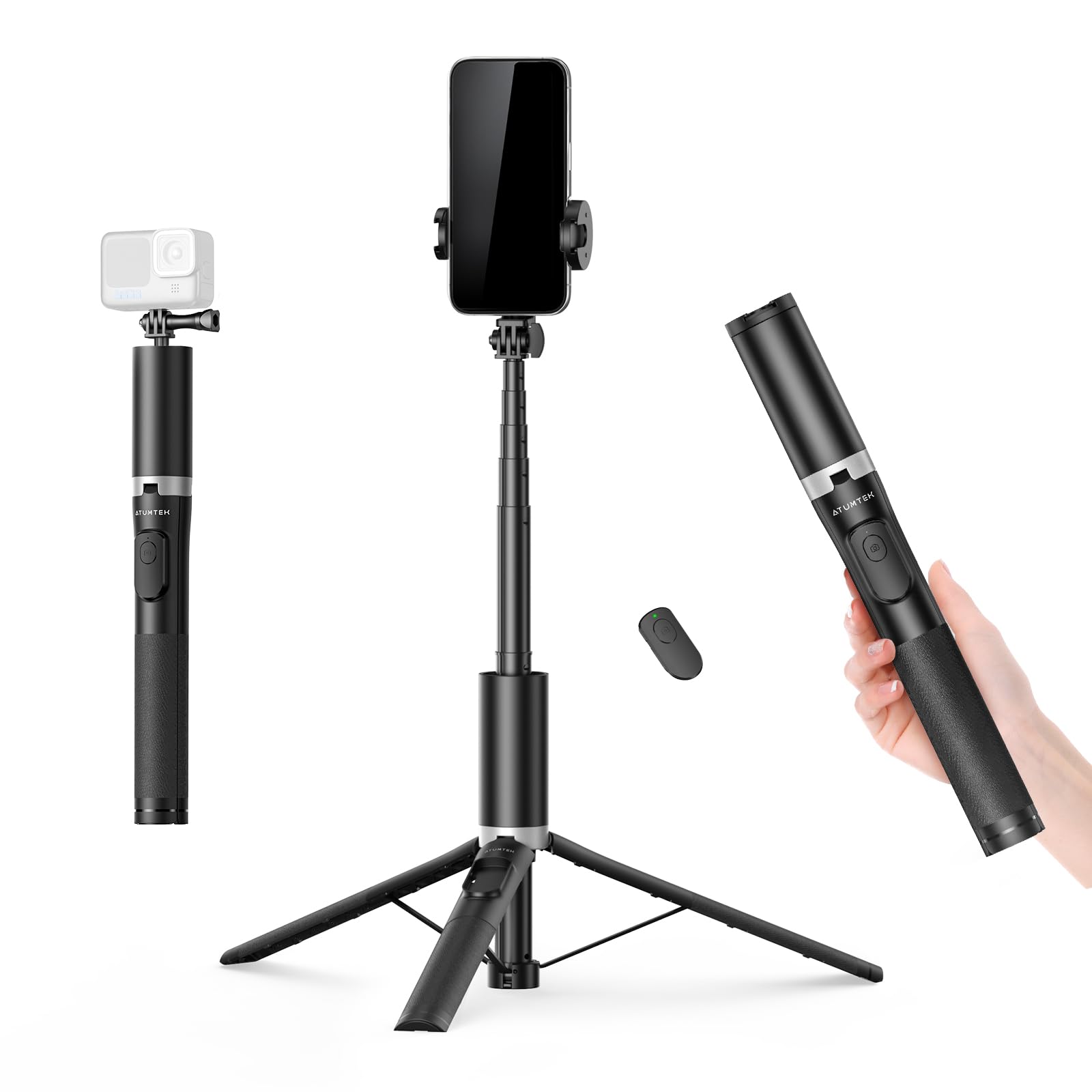 Atumtek 63" Phone Tripod, Extendable Selfie Stick Tripod With Bluetooth Remote, All-In-One Aluminum Phone Tripod Stand With Cold Shoe Mount For Gopro, 4"-7" Iphone And Android Smartphones Black