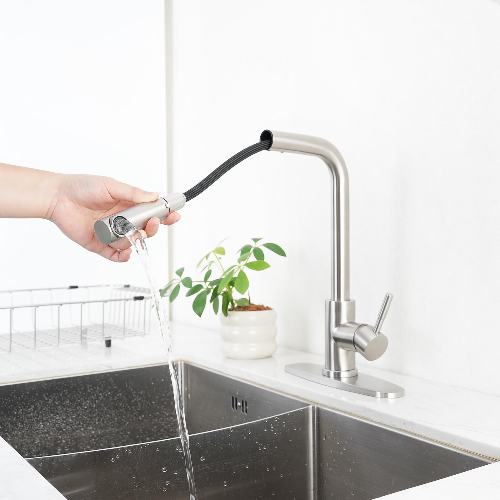 Trywell Kitchen Faucets With Pull Down Sprayer Stainless Steel Kitchen Sink Single Handle Utility Faucet Modern Brushed Nickel Faucet And Deck Plate For Kitchen Bar Camper Rv