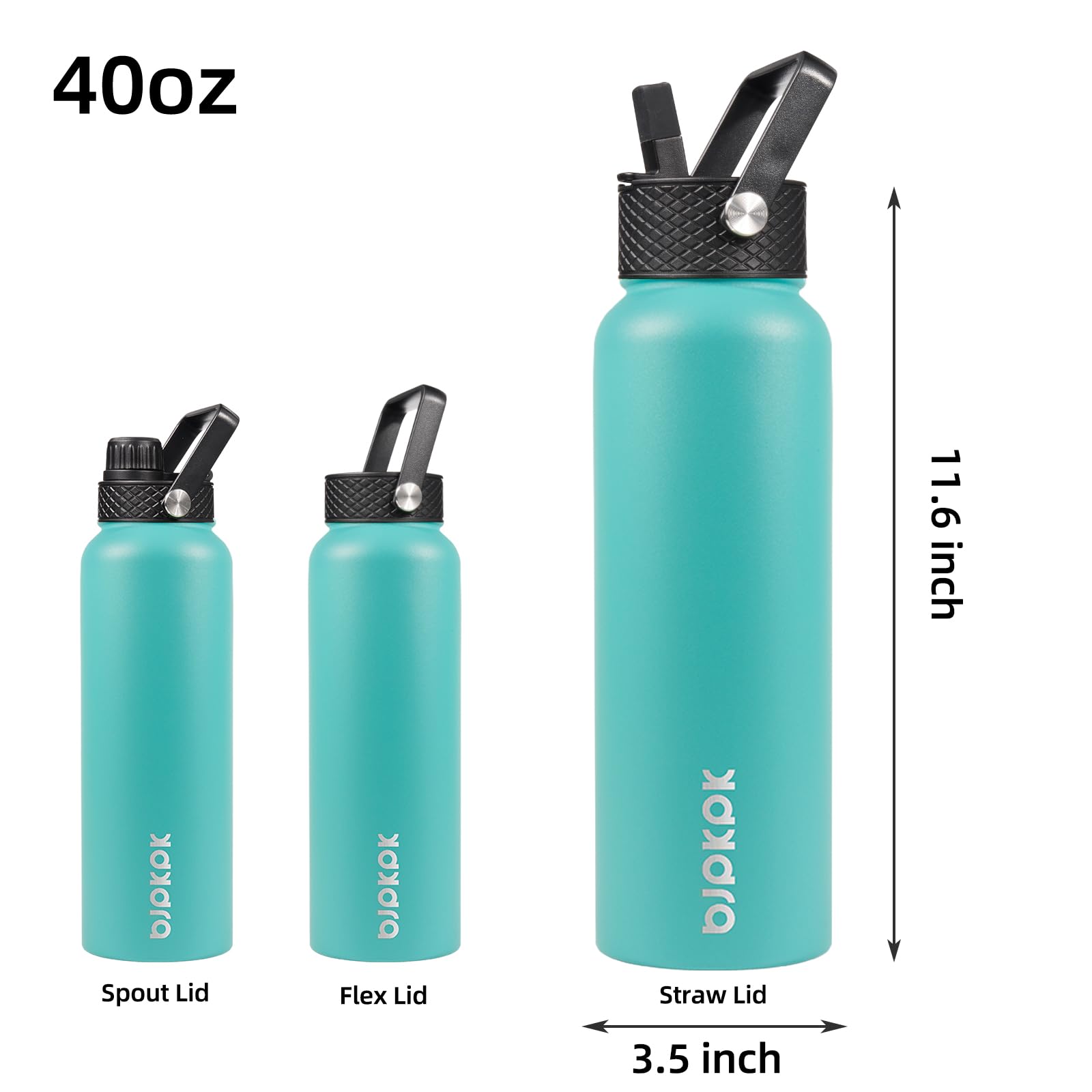 Bjpkpk Insulated Water Bottles With Straw Lid, 40Oz Stainless Steel Water Bottles With 3 Lids