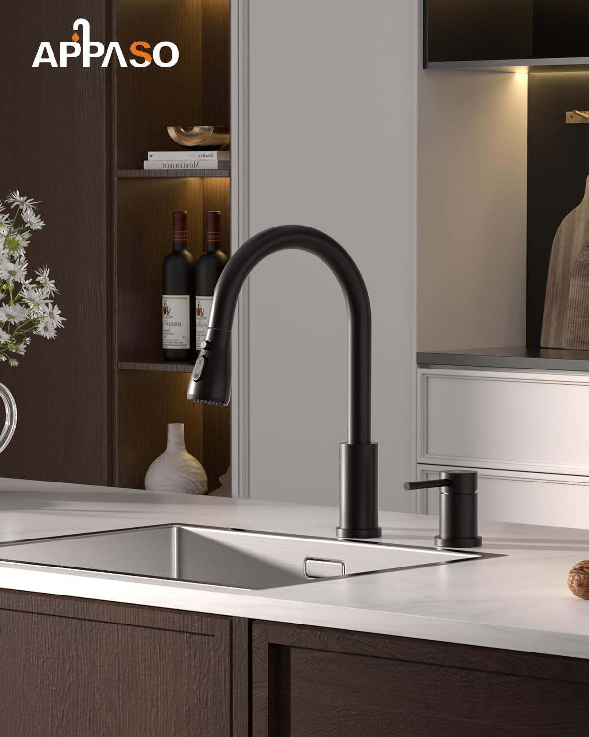 Appaso 2 Hole Kitchen Faucet, 3 Modes Matte Black Kitchen Faucet With Pull Down Sprayer, High Arch Kitchen Sink Faucet With Side Single Handle 2 Pieces