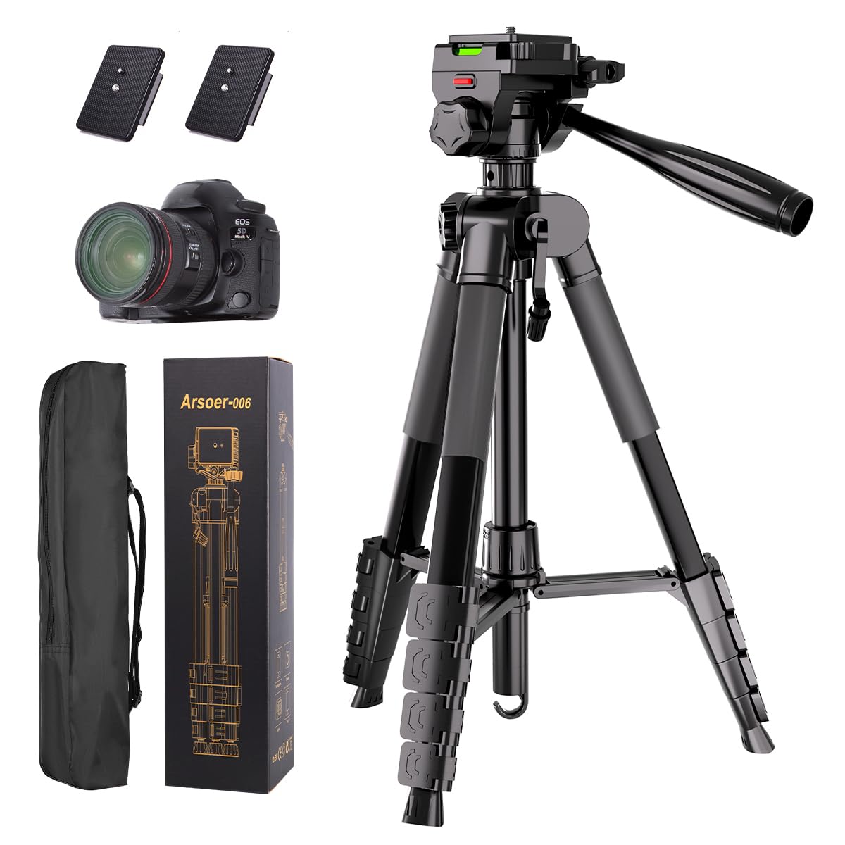 Arsoer Camera Tripod, 74" Dslr Camera Tripod With 2 Qr Plates For Sony/Nikon/Canon, Lightweight Video Tripod Stand For Travelling, Phone Tripod With Fluid Head/Phone Holder/Wireless Remote Max.Load 6Kg