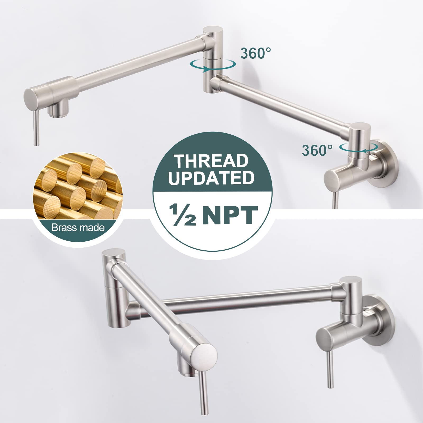 Aleasha Brass Made Pot Filler Faucets, Brushed Nickel Kitchen Sink Pot Filler, Wall Mount Folding Kitchen Pot Filler Faucet, Retractable Single Hole Pot Filler With Two Handles For Sink Stove