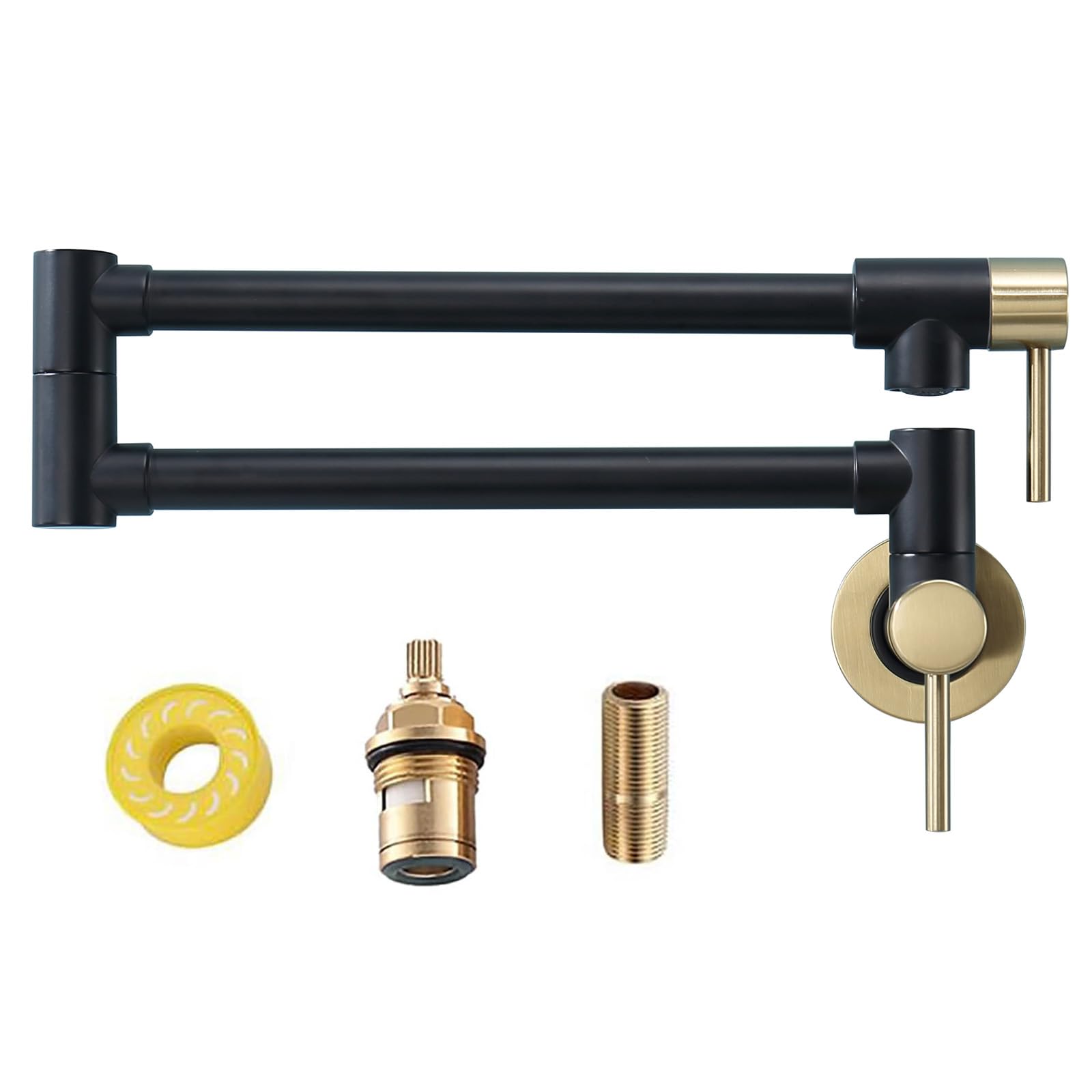 Kmeino Brass Pot Filler Faucet Black And Gold, Wall Mount Folding Kitchen Faucet With Double Joint Swing Arms, Brushed Gold Pot Filler Faucet