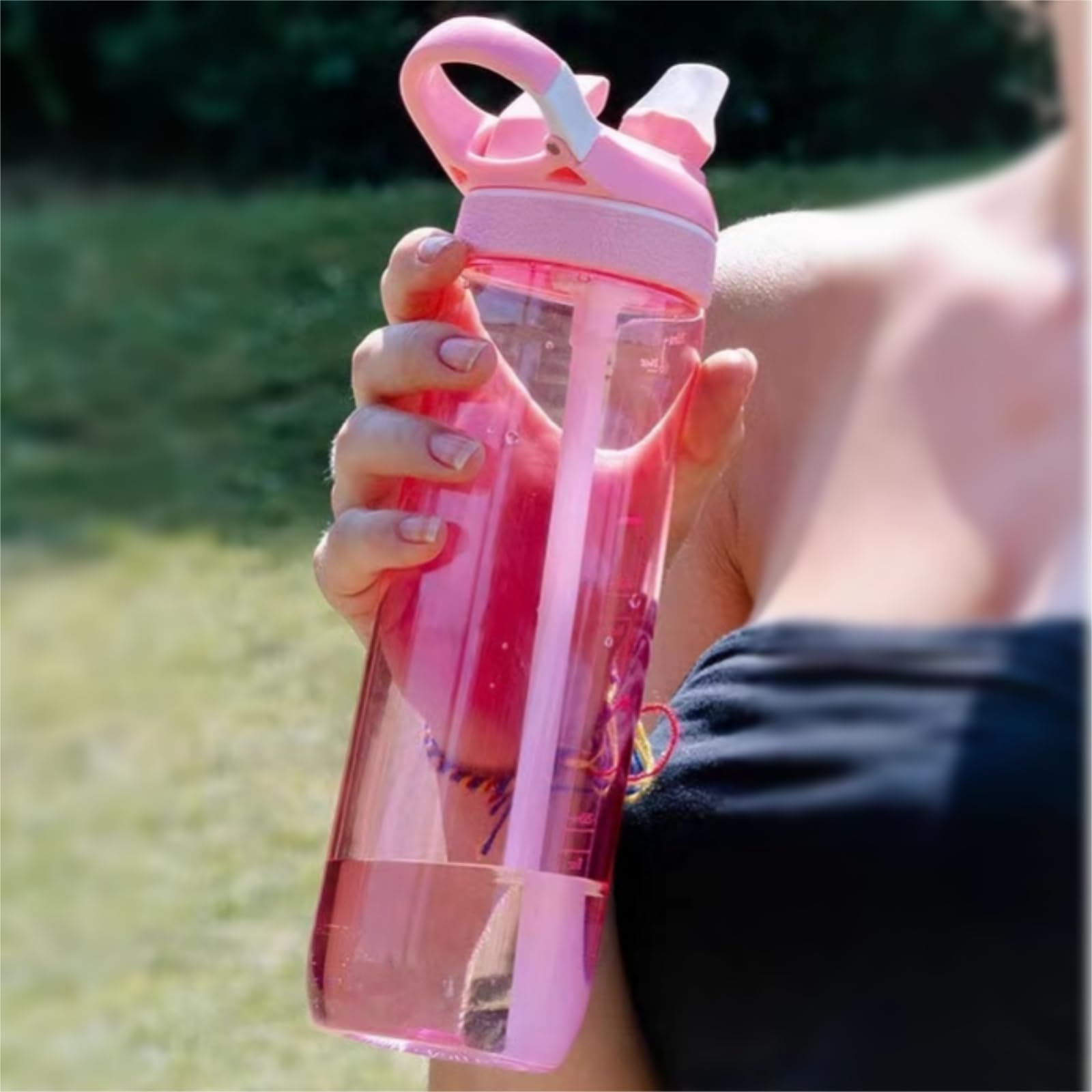 25Oz Pink Tritan Sports Water Bottle With Clip Handle, Locking Lid, Straw - Travel Plastic Bottle
