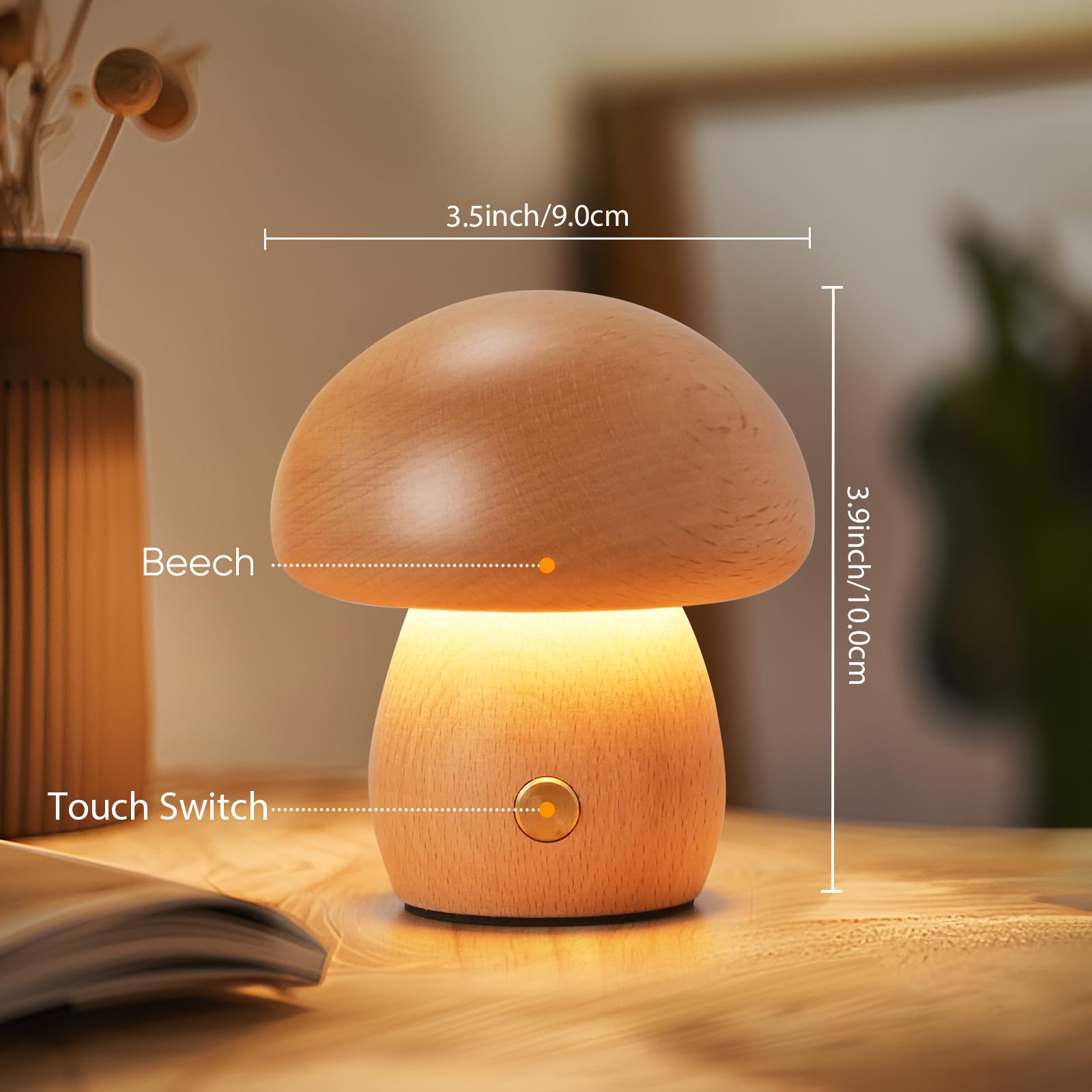 Yieonshion Led Creative Wooden Mushroom Lamp Desk Lamp, Creative Home Decoration Bedroom Bedside Night Light Dimmable, Unique And Minimalist For Girls
