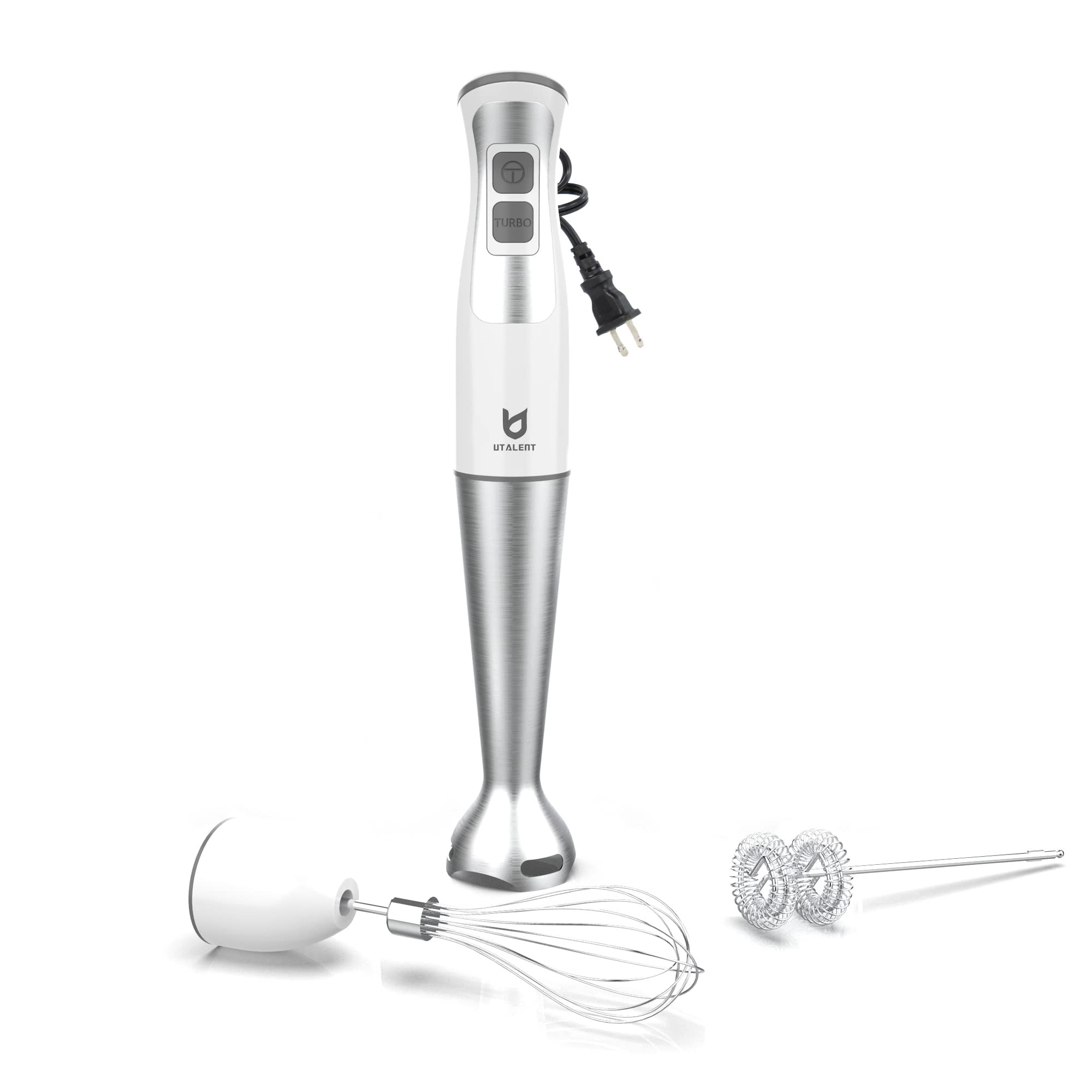 Utalent Immersion Hand Blender, 3-In-1 8-Speed Stick Blender With Milk Frother, Egg Whisk For Smoothies, Coffee Milk Foam, Puree Baby Food, Sauces And Soups White