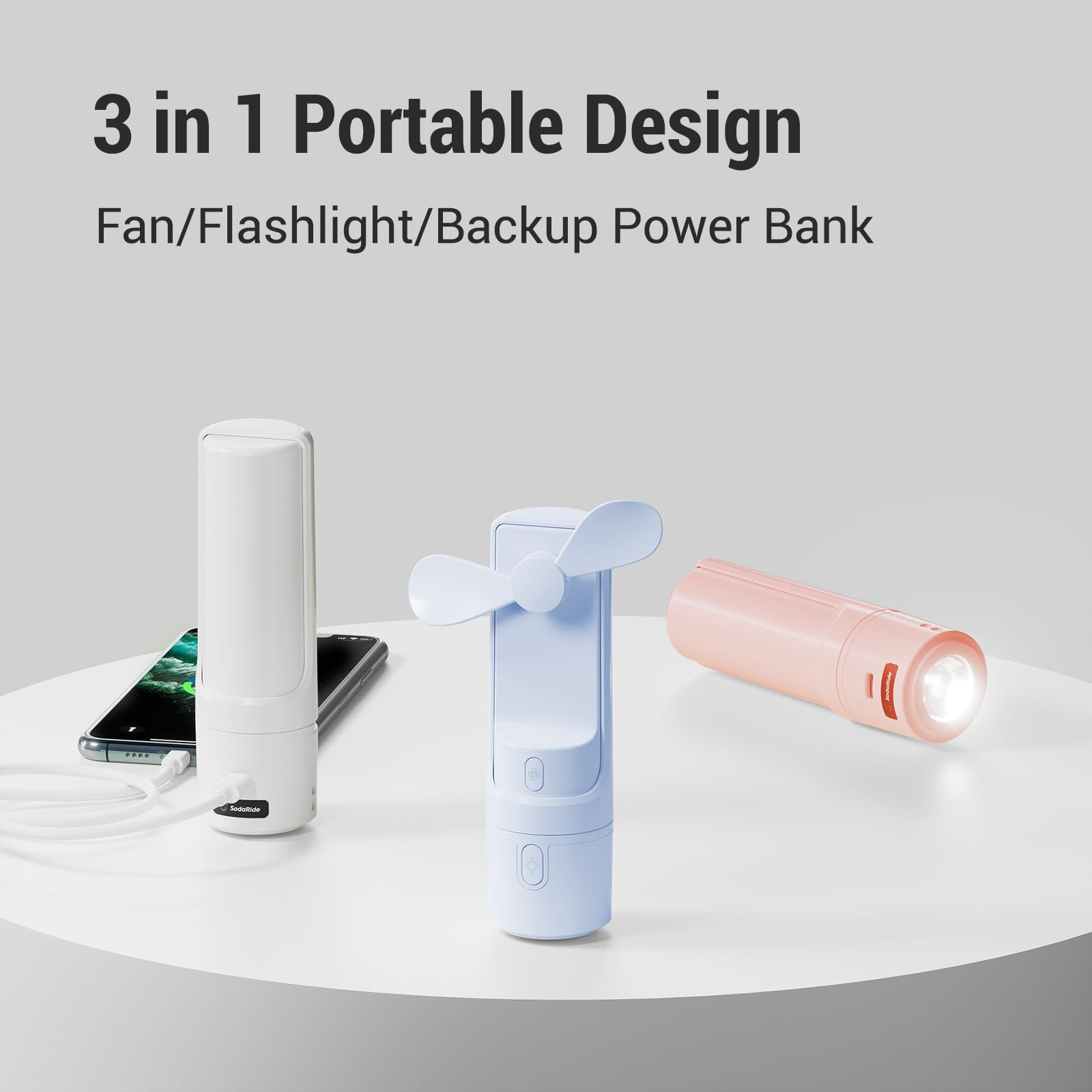 Portable Airluxe handheld fan with 35-hour battery life, 3-in-1 functionality, and fast charging for convenience