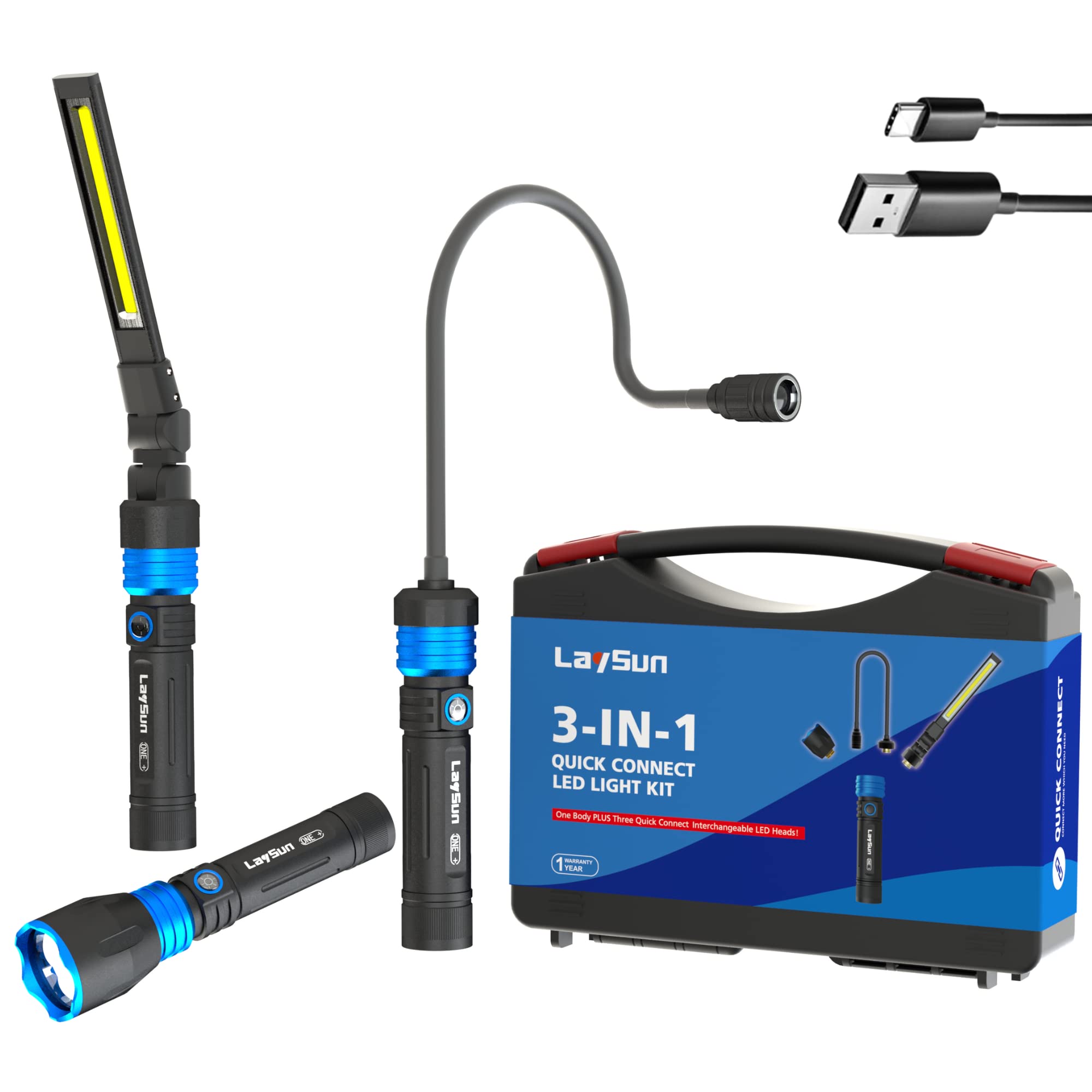 Laysun 3 In 1 Quick Connect Rechargeable Led Work Light Kit With Magnetic Base, Led Flashlight With Flexible Gooseneck Light And Slim Bar Light, 4000Ma Battery And Usb-C Charge