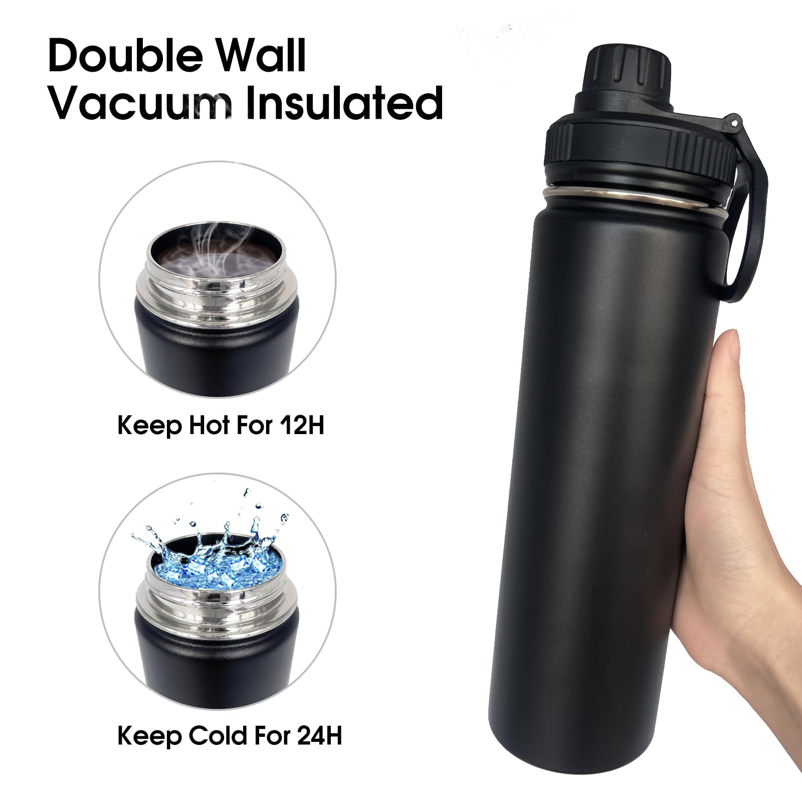 1Pack 22 Oz Insulated Water Bottle With Straw, Stainless Steel Sports Water Cup Flask With 2 Lids