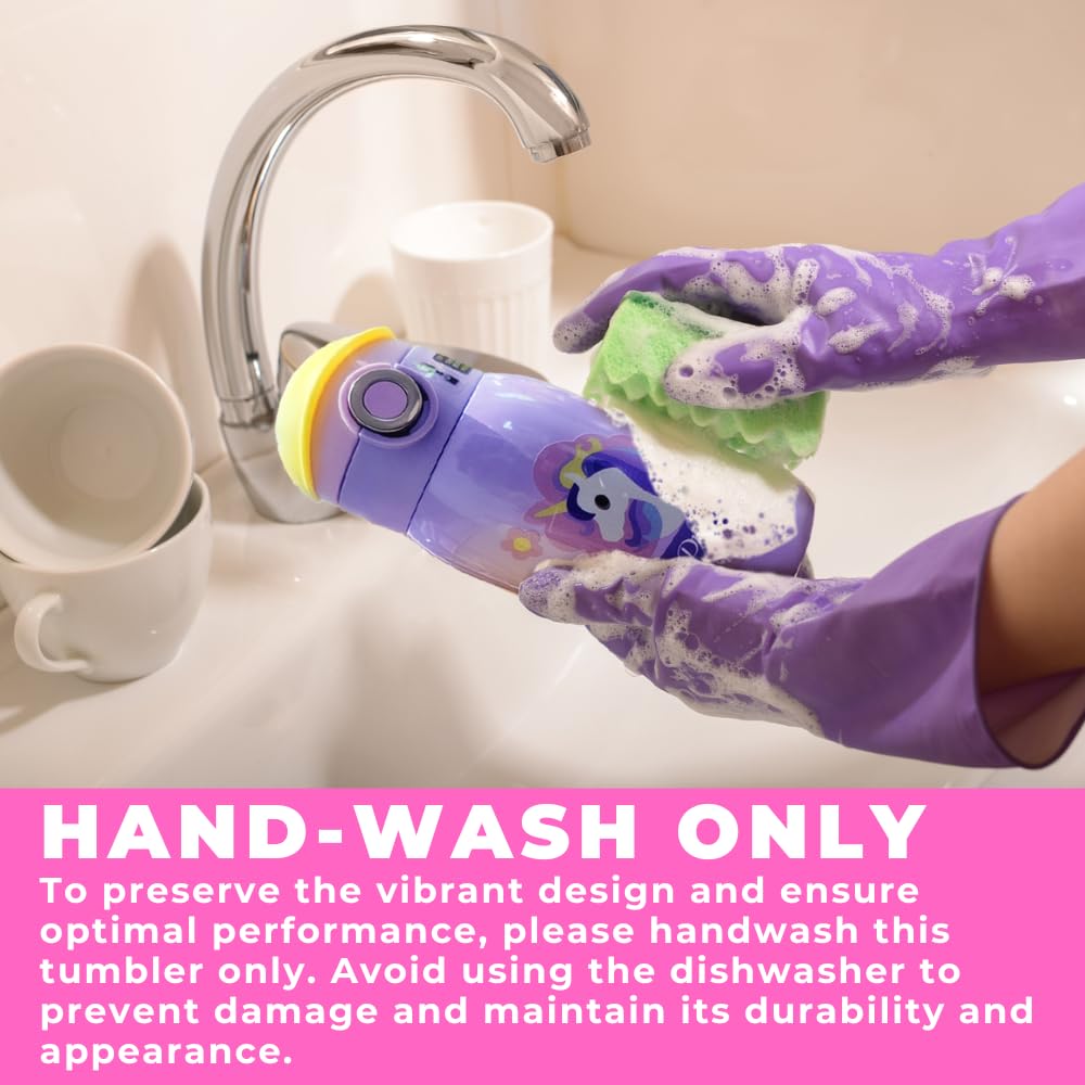 Unicorn Drinking Kids Insulated Water Bottle - Easy Open Button & Carrying Lanyard With Zipper