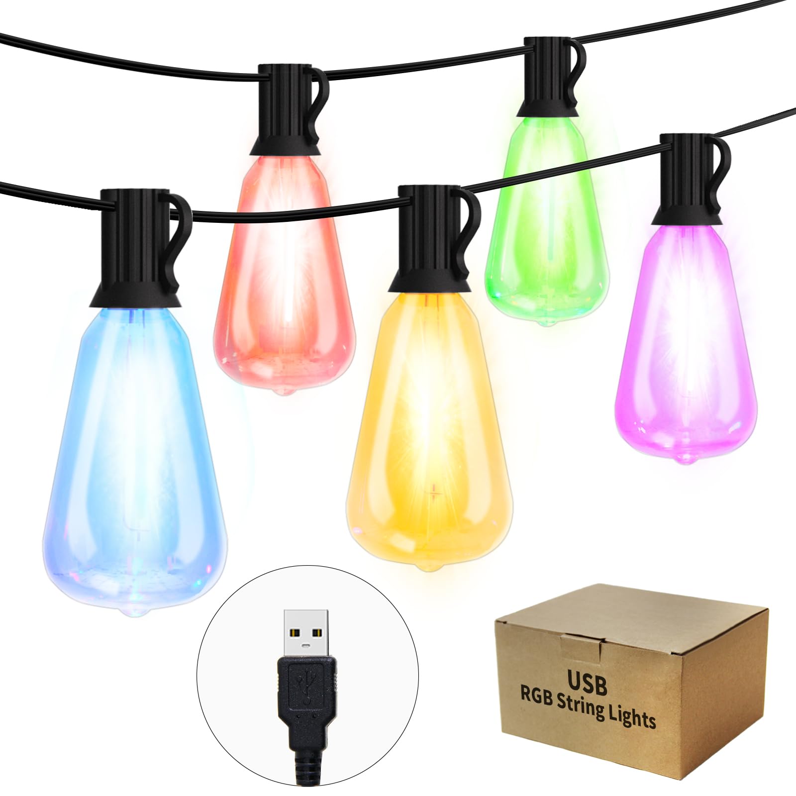 Spacelumen 10Ft Usb Power Colored String Lights, 10Pcs St38 1W Plastic Led Edison Bulbs, Shatterproof, Waterproof Usb Festoon Lights, Perfect For Camping, Christmas Trees & Holiday Decoration