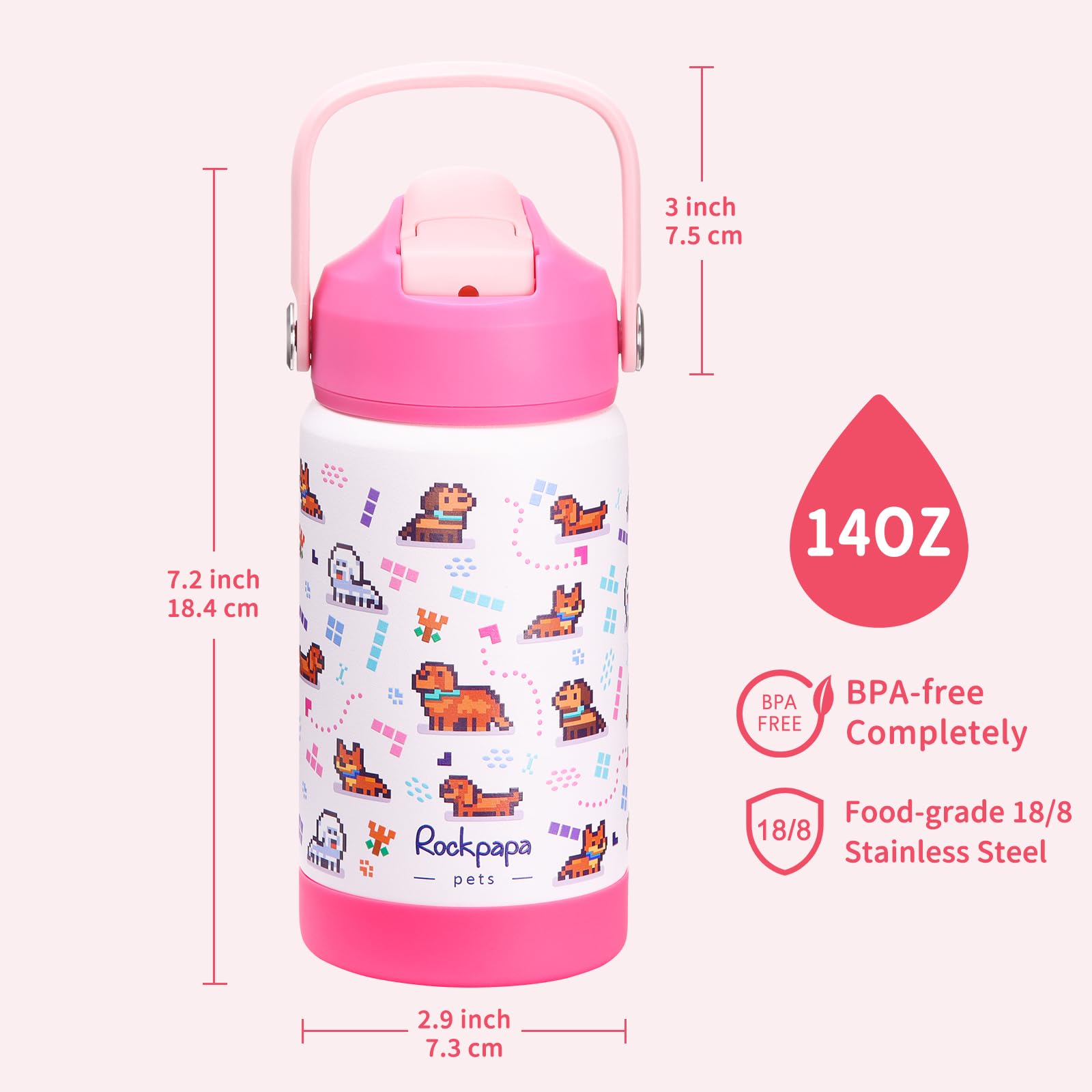 Rockpapa Kids Insulated Water Bottle With Straw,-, 18/8 Stainless Steel, Leak Proof, 14Oz M