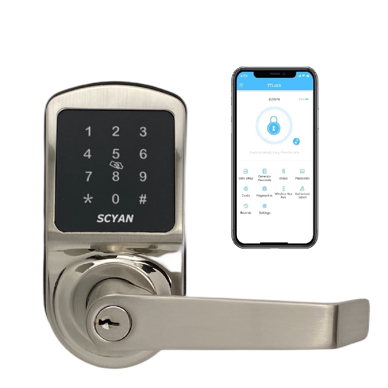 Scyan Smart Door Lock, Keyless Entry Door Lock, X2 Handle Lock With Touchscreen Keypad Access, Auto Locking, For Home, Airbnb Rental House, Satin Nickel