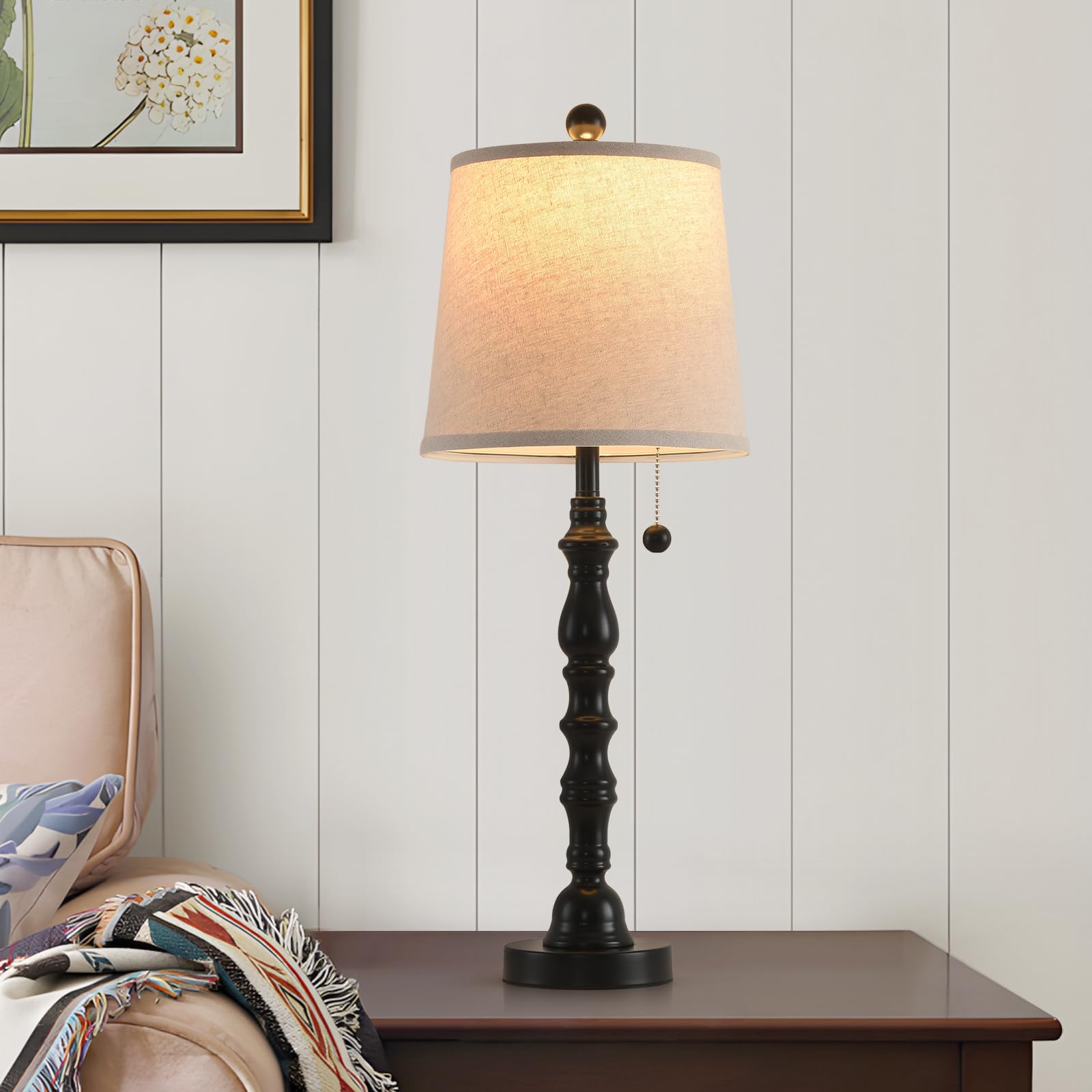 Terpsichore Lamps Set Of 2 Modern Farmhouse Table Lamp Bedside Reading Lights Living Room End Lamps Night Stands Bedroom Night Light,High 26.25 Inch,Black,With Fabric Lamp Shade,Bulb Not Included