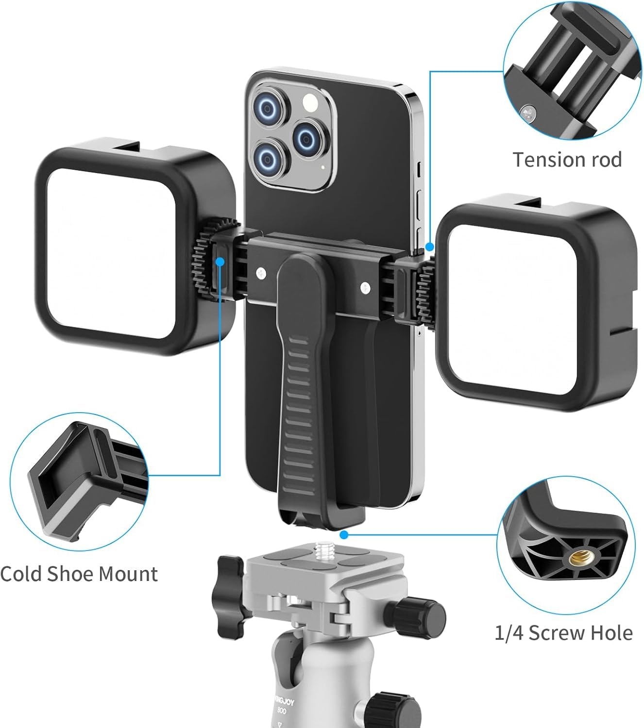Jishane Phone Tripod Mount, Universal Smartphone Holder With 1/4" Screw And Cold Shoe Adapter, Rotating Cell Phone Clamp For Selfie Stick, Camera Tripod And All Phones