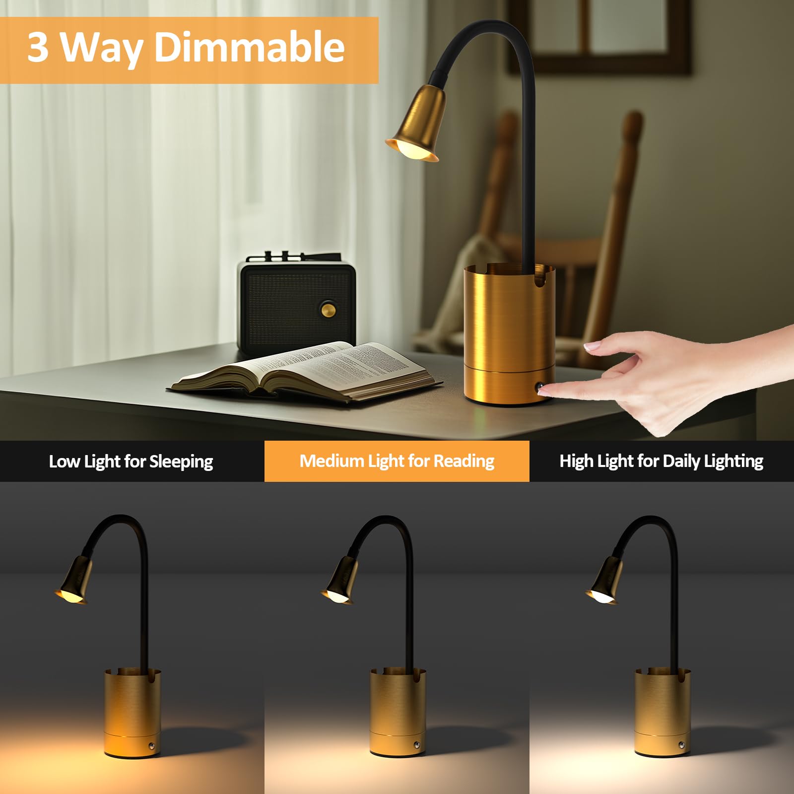 Eoeyyoyb Desk Lamp With Organizer, 3 Levels Dimmer Light Eye Protection Vintage Lamps For Home Office Bedroom Study Room Living Room Nightstand Bedside, Gold