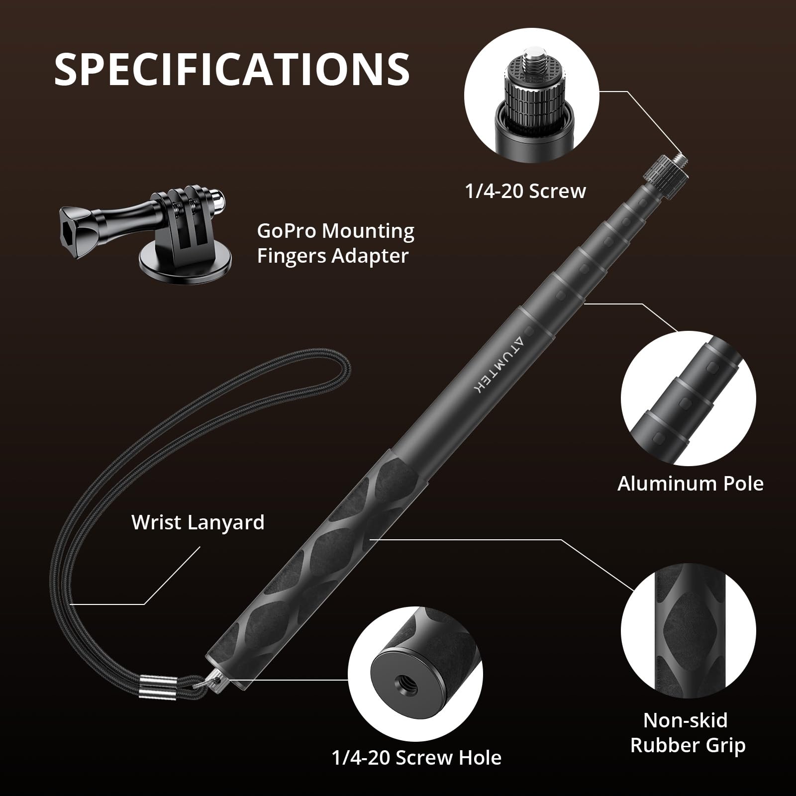 Atumtek 45" Invisible Selfie Stick, 1/4" Extended Monopod Pole, Solid And Compact Design For Insta360, For Gopro, Dji, Action Camera (Buckle Mount For Gopro And Wrist Strap Included)
