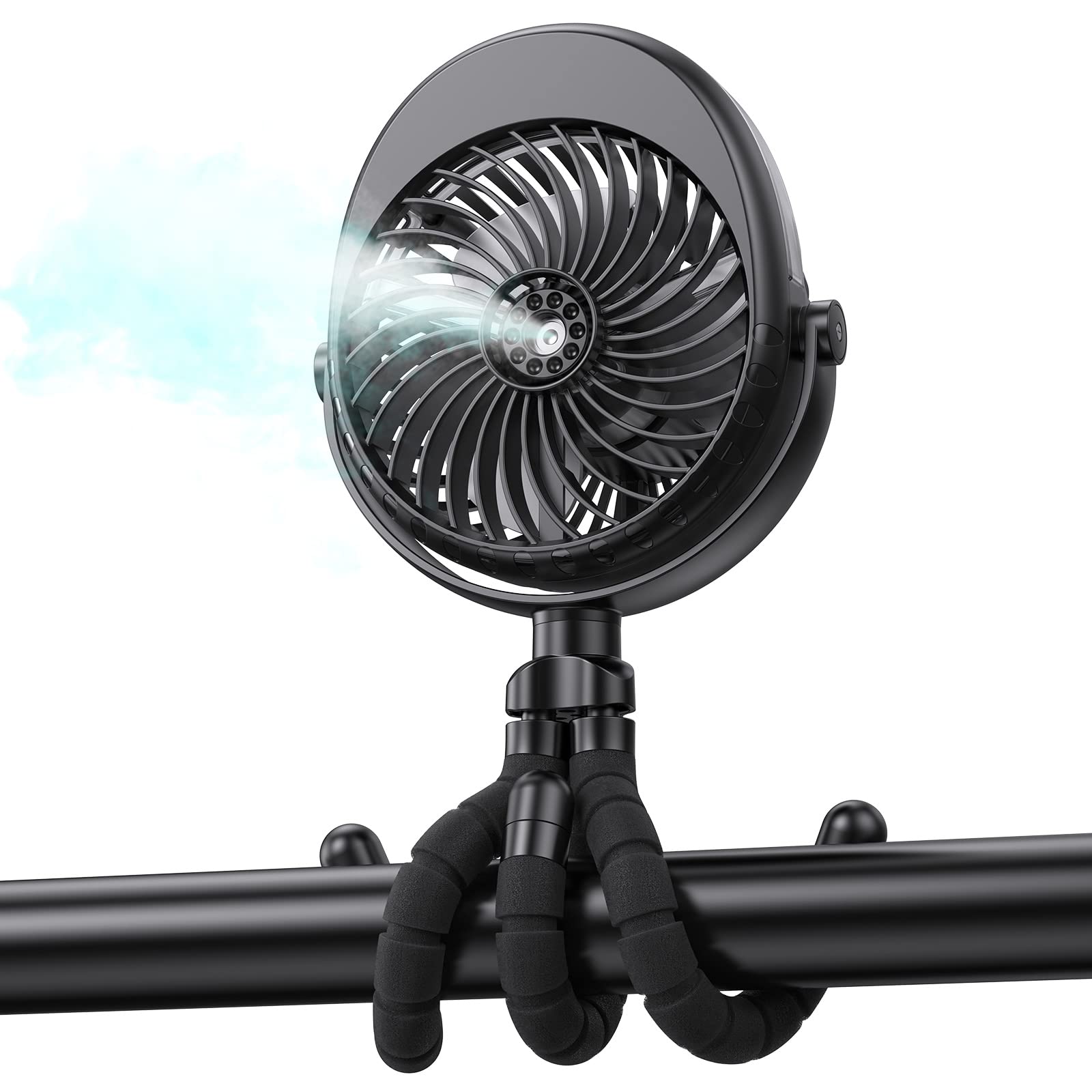 Portable Stroller Fan With Mist, Rechargeable Misting Fan With Flexible Tripods, 360° Pivot Personal - Koospark