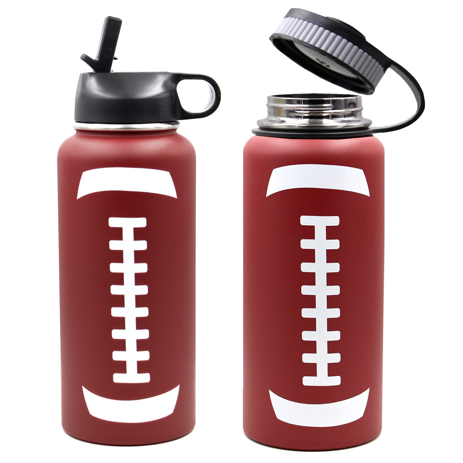 Football Water Bottle, Wide Mouth Metal Thermo Flask With 2 Lids, Stainless Steel Travel Tumbler