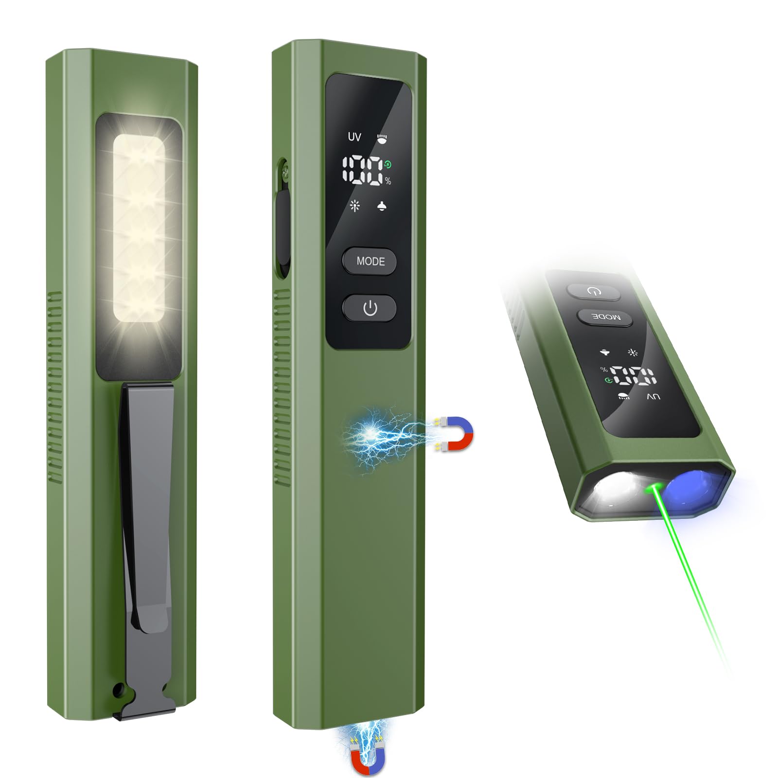 Acoszero Edc Flashlight 4 In 1 Pocket Magnetic Flashlight High Lumens Work Light With Green Beam & Uv Light & Warning Light Combo Edc Rechargeable Lt-010 (Green)